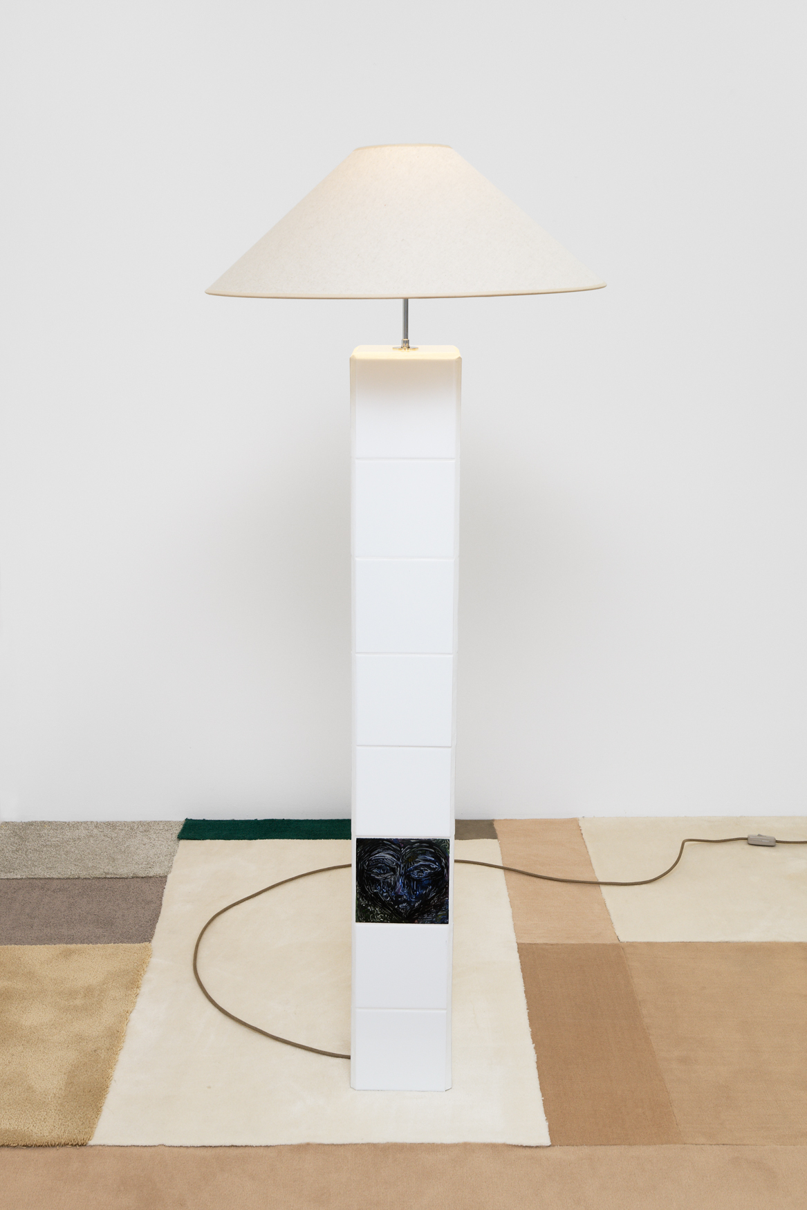 Jacent, In Ha Mood, 2023, painted earthenware tiles, plywood, lacquer, light system, seal, lampshade, 154 x 60 x 60 cm, unique