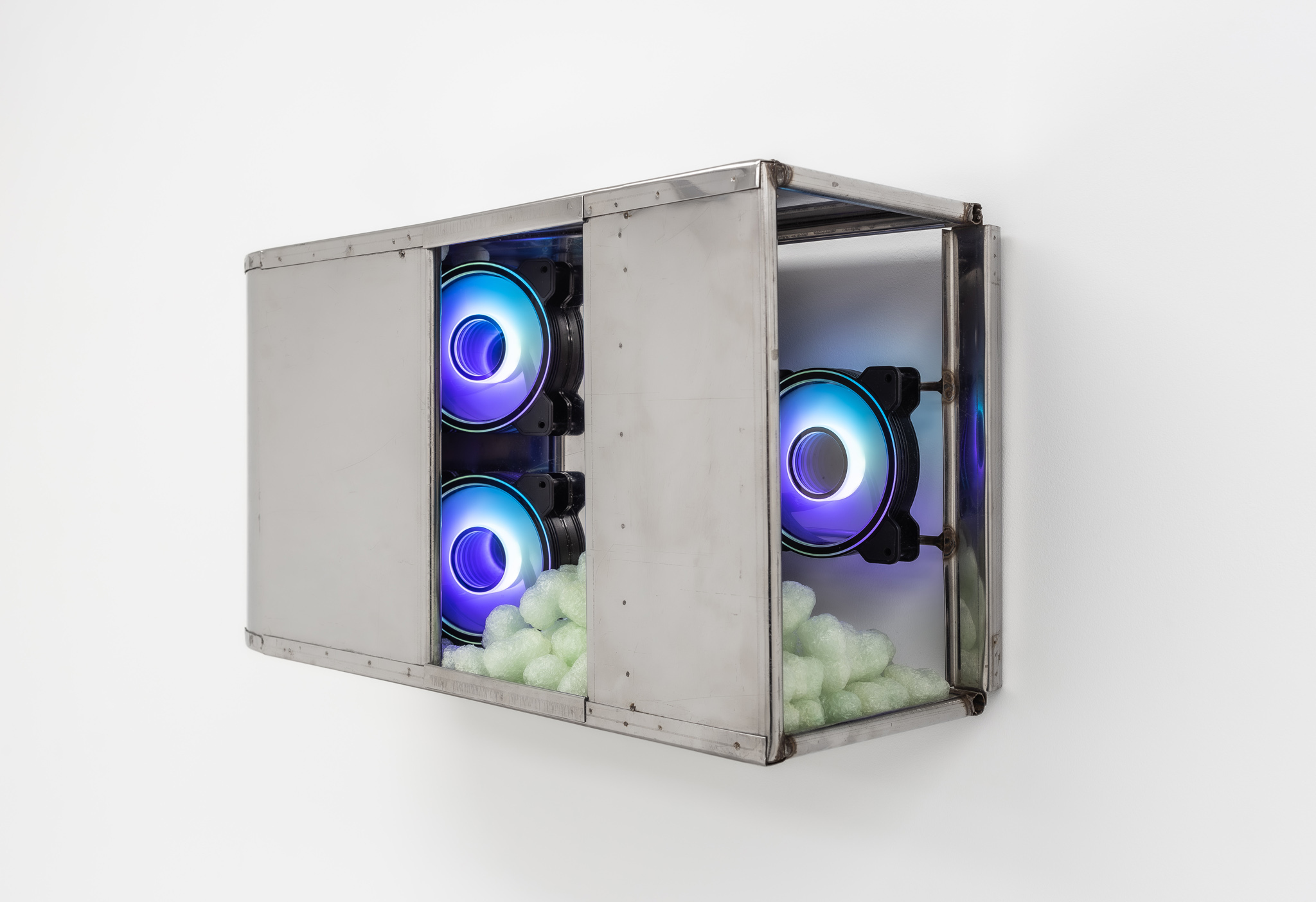 Rémi Lécussan Farming, 2023 Calf feeder, corn starch packing peanuts, and Aerocool Mirage 12 ARGB fan, 60 x 30 x 20 cm