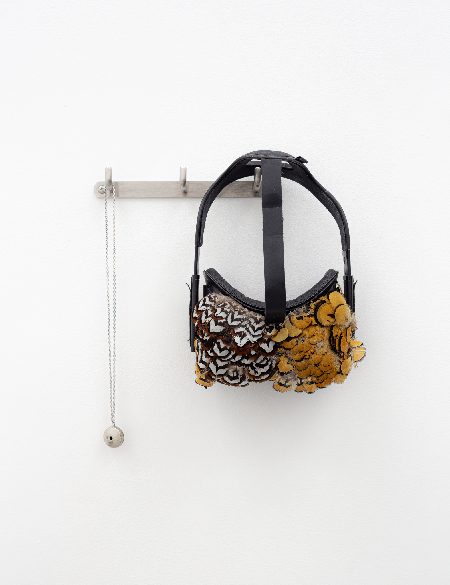 Rémi Lécussan Mimicry #4, 2023 Oculus rift, feasant feathers, 10 x 20 x 30 cm
