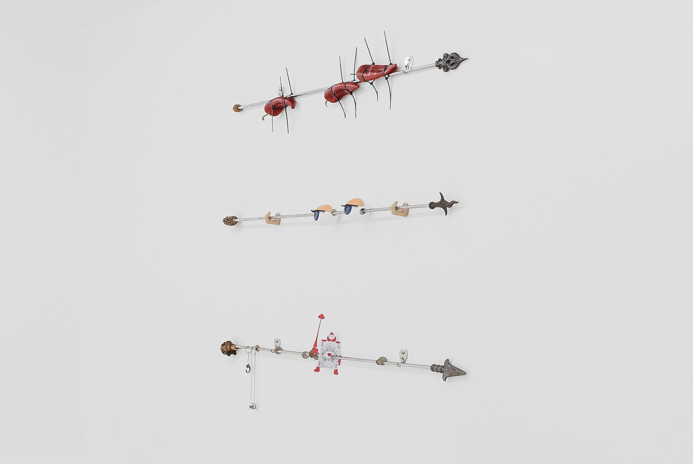 Misha Gudwin "Circus of freaks", 2023, mixed media, found objects, stainless steel, 3 pieces.