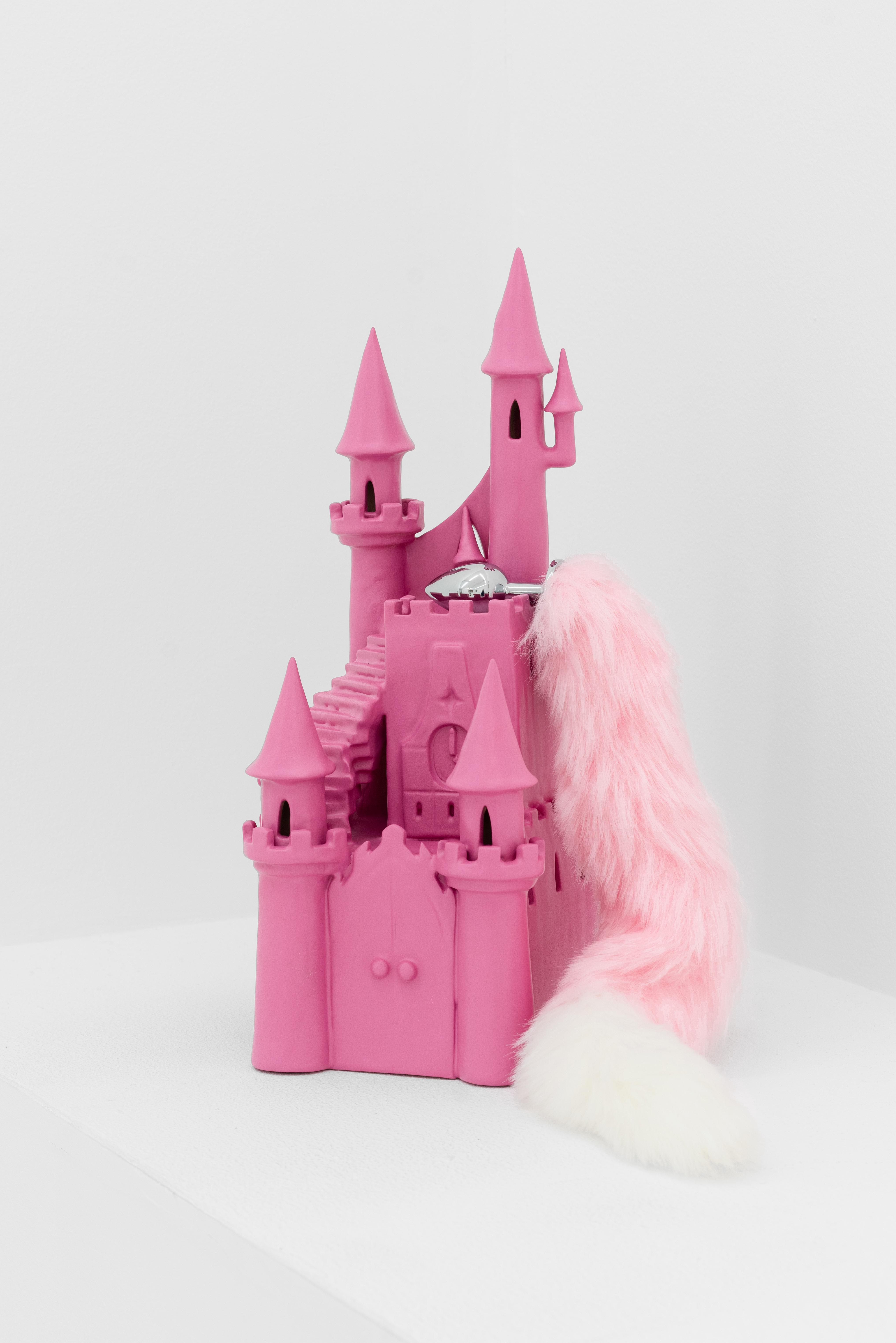 Iuliia Skromnaya "Magic Castle" game set, 2023, ceramic, glaze, metal, artificial fur.