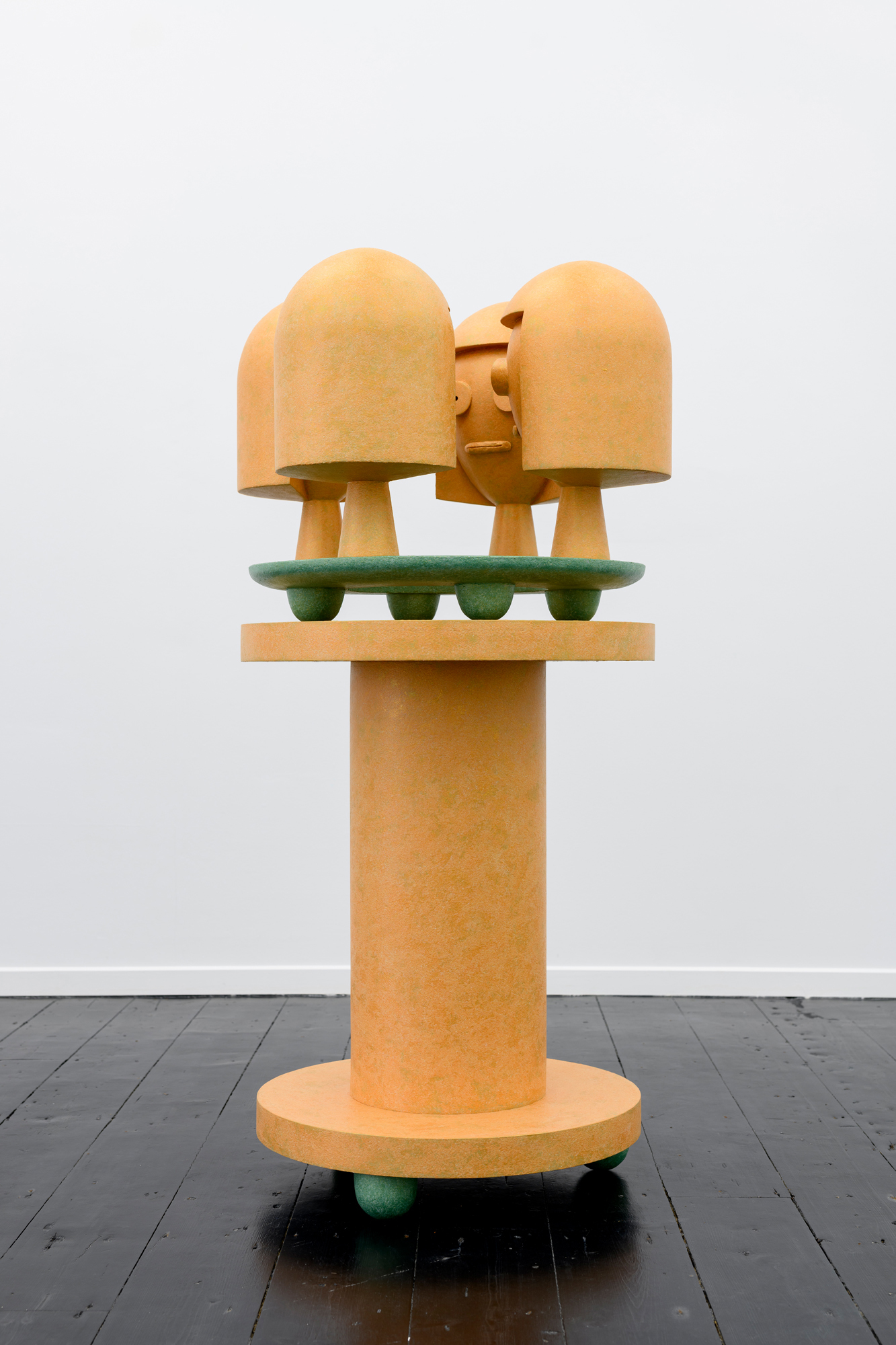 NICK EVANS, Four Heads (carousel), 2023, Painted fibre reinforced polymer gypsum and wood, 126 x 70 x 70 cm