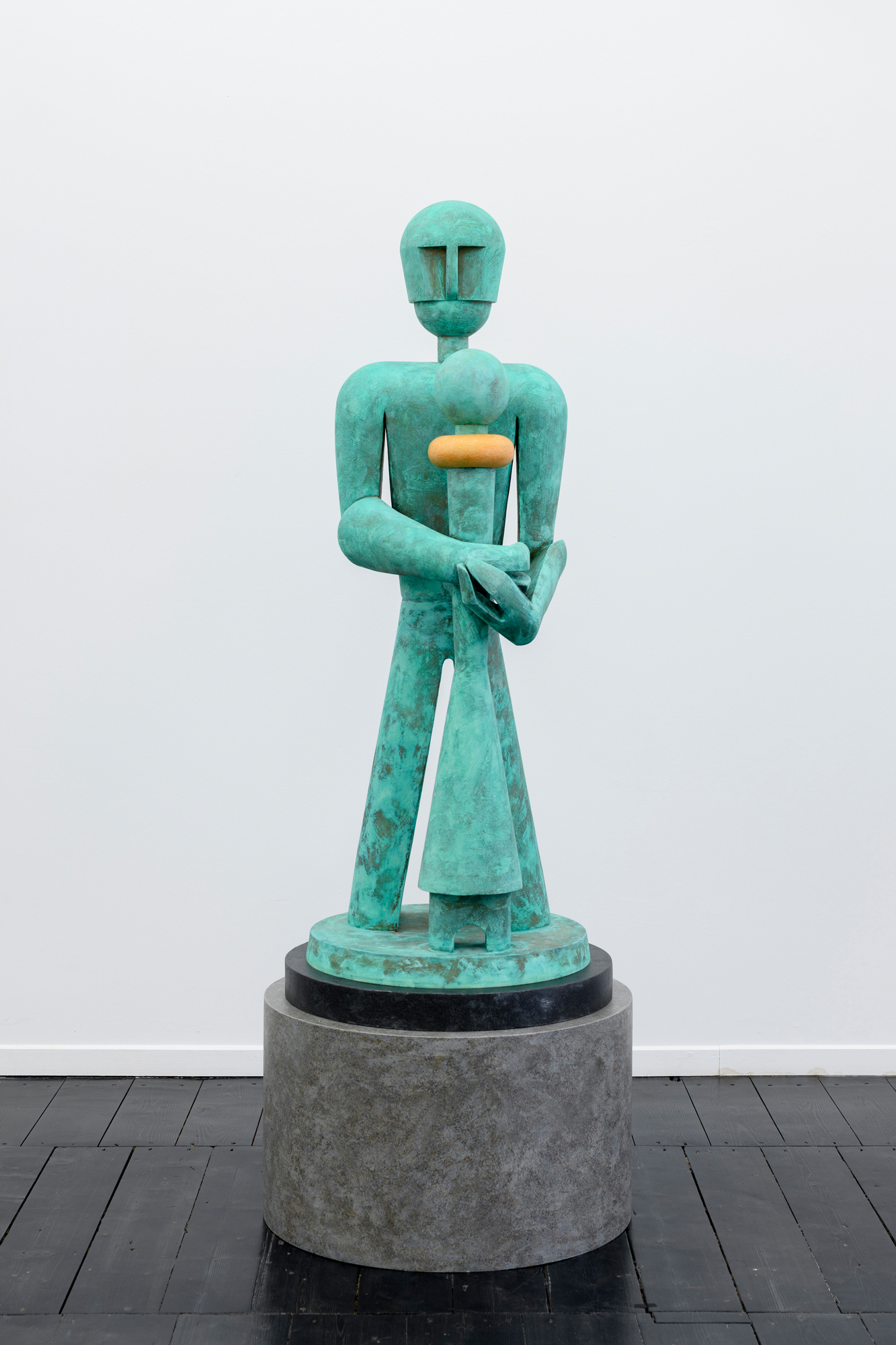 NICK EVANS, Father and Child, 2023, Fibre reinforced polymer gypsum with copper paint and oxidising solution on painted plinth, 170 x 67 x 67 cm