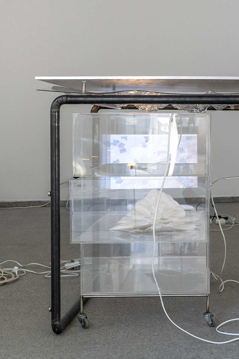 Linda Lach, Desk 01/ Drawer module, plexiglass and 3D print, 65 x 40 x 65 cm, 2023.