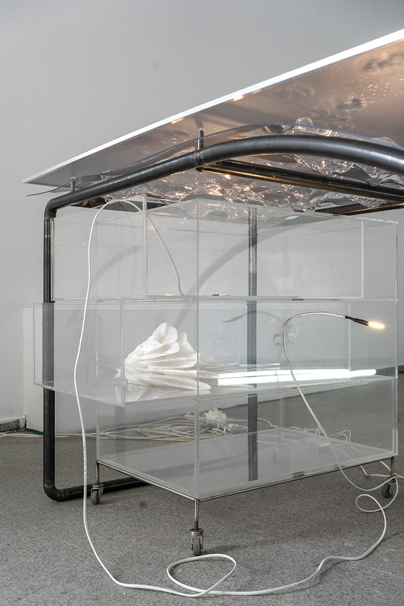Linda Lach, Desk 01/ Drawer module, plexiglass and 3D print, 65 x 40 x 65 cm, 2023.
