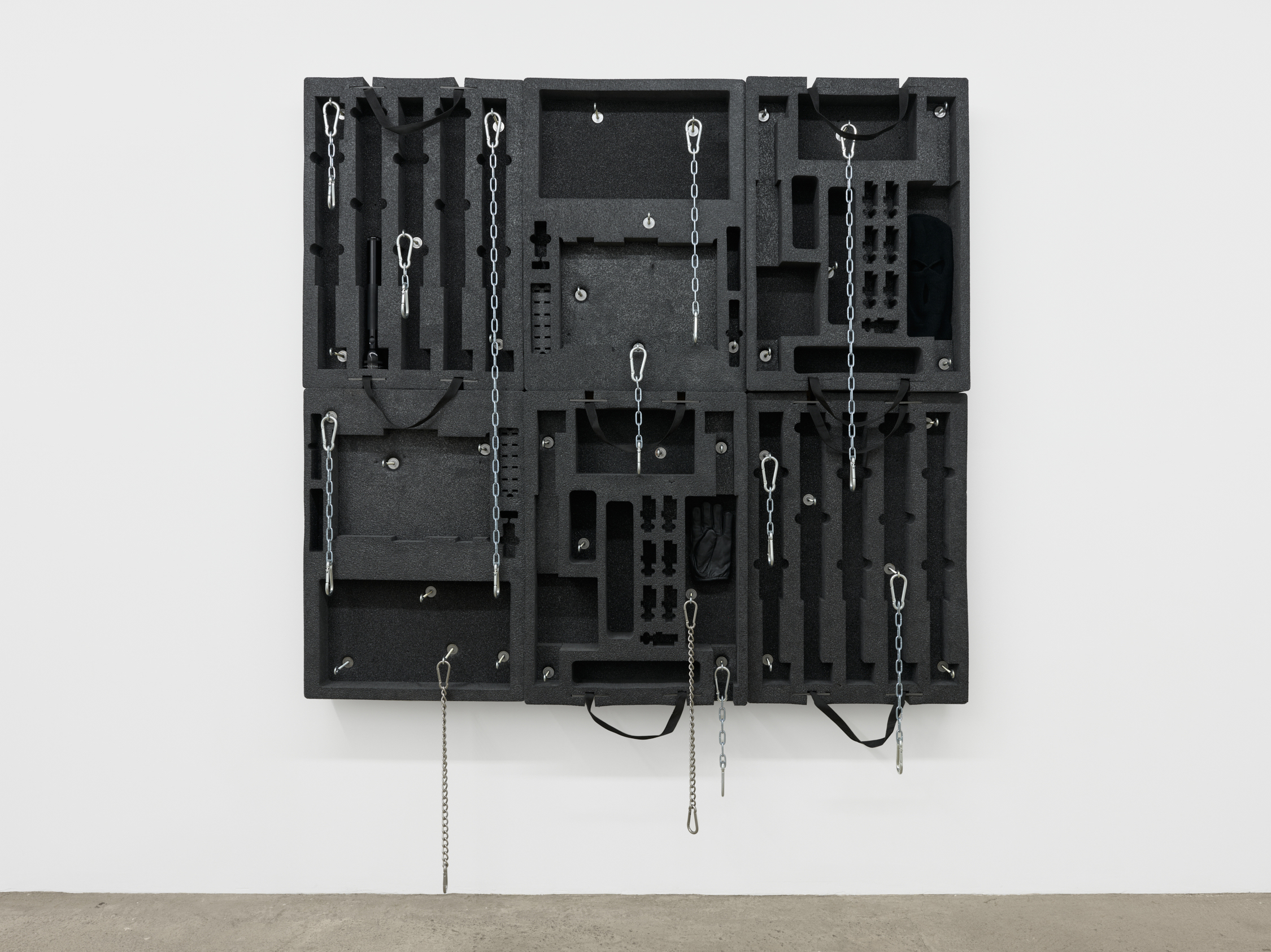 Joe Bartram Constellation, 2022 Pelican case inserts, stainless steel chain, snap links,  miscellaneous hardware, wood, ski mask, Maglite, leather glove 72 x 68 x 8 inches (183 x 173 x 20 cm)