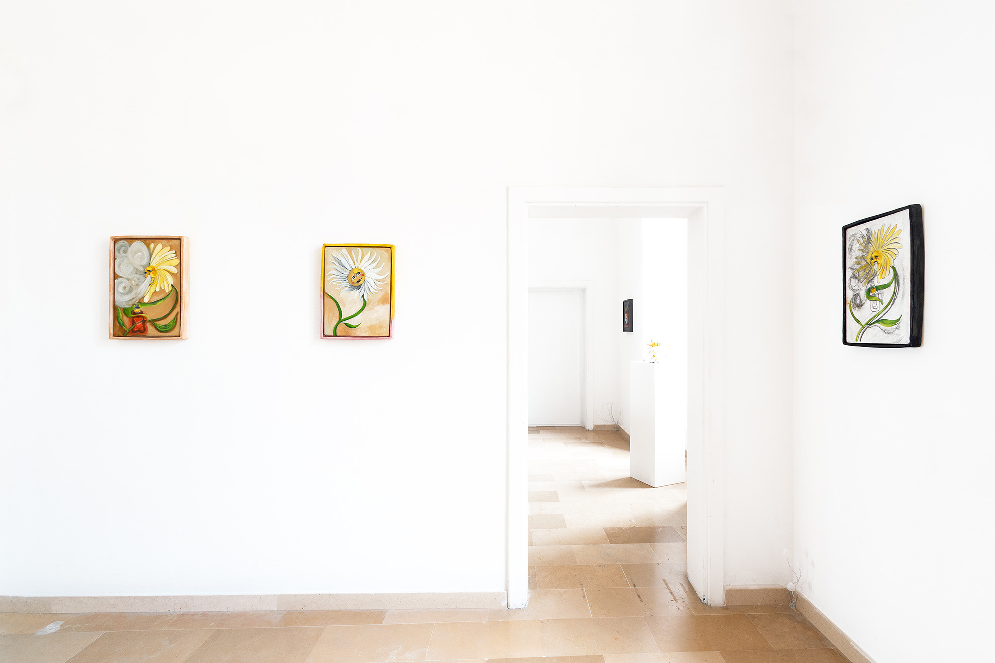 Cyril Debon, Daisy (gout marguerite), Daisy (Weâre no exceptions), Daisy (sad of eye), 2023. Oil on japanese paper, wood, ceramic frame.