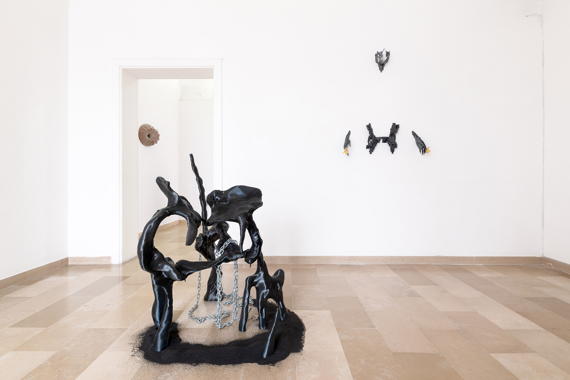 Installation view (Leilei Wu, Petros Moris, Grace Woodcock)