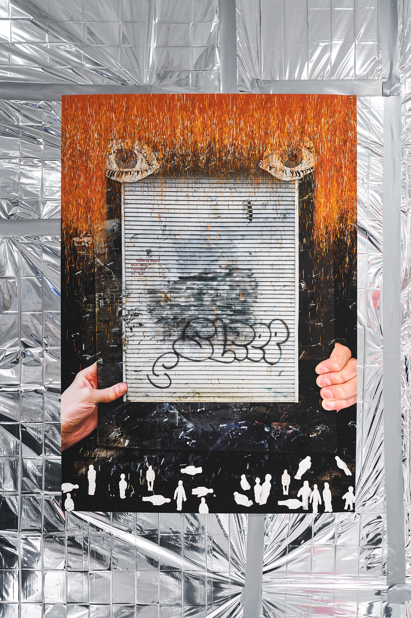 Duncan Poulton, 'Sleep Today' (2023), digital collage print on archival paper. Install view at Division of Labour, Salford, 2023. Photo by Rob Battersby