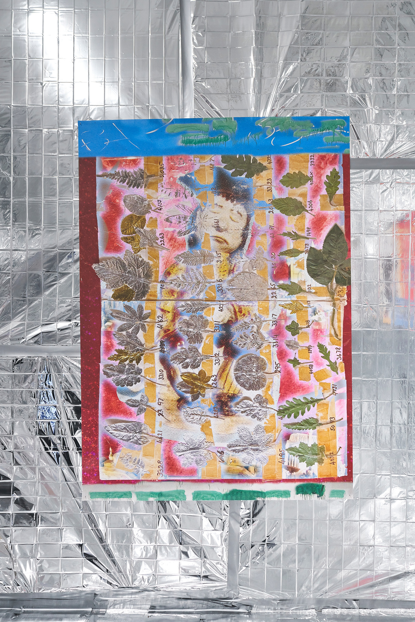 Duncan Poulton, 'We were here but now its time to go' (2022), digital collage print on canvas. Install view at Division of Labour, Salford, 2023. Photo by Rob Battersby