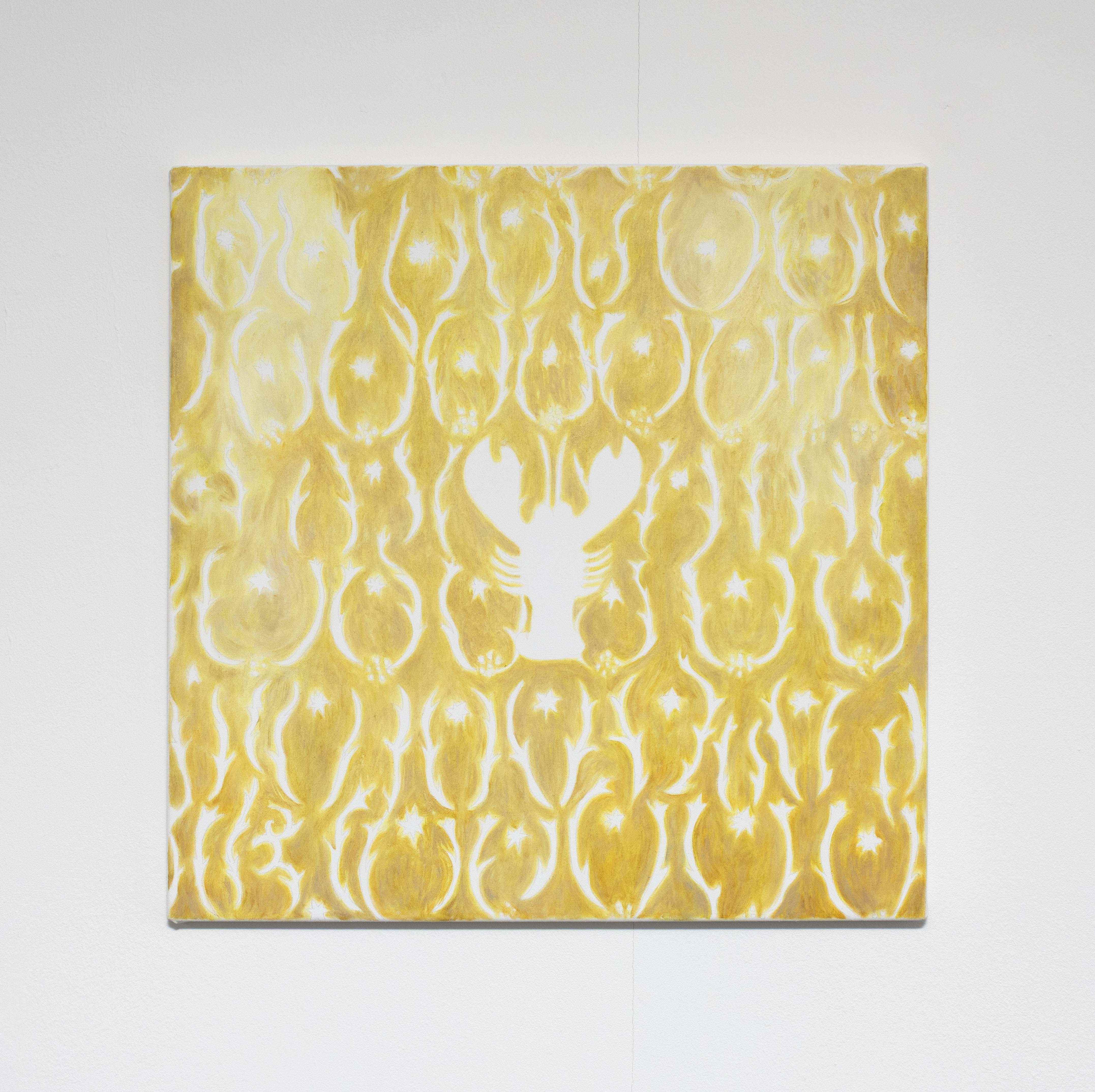 Melanie Akeret, Lobster 4 (gold hue), 2023, Acrylic, oil and colored pencil on canvas, 50 x 50 cm