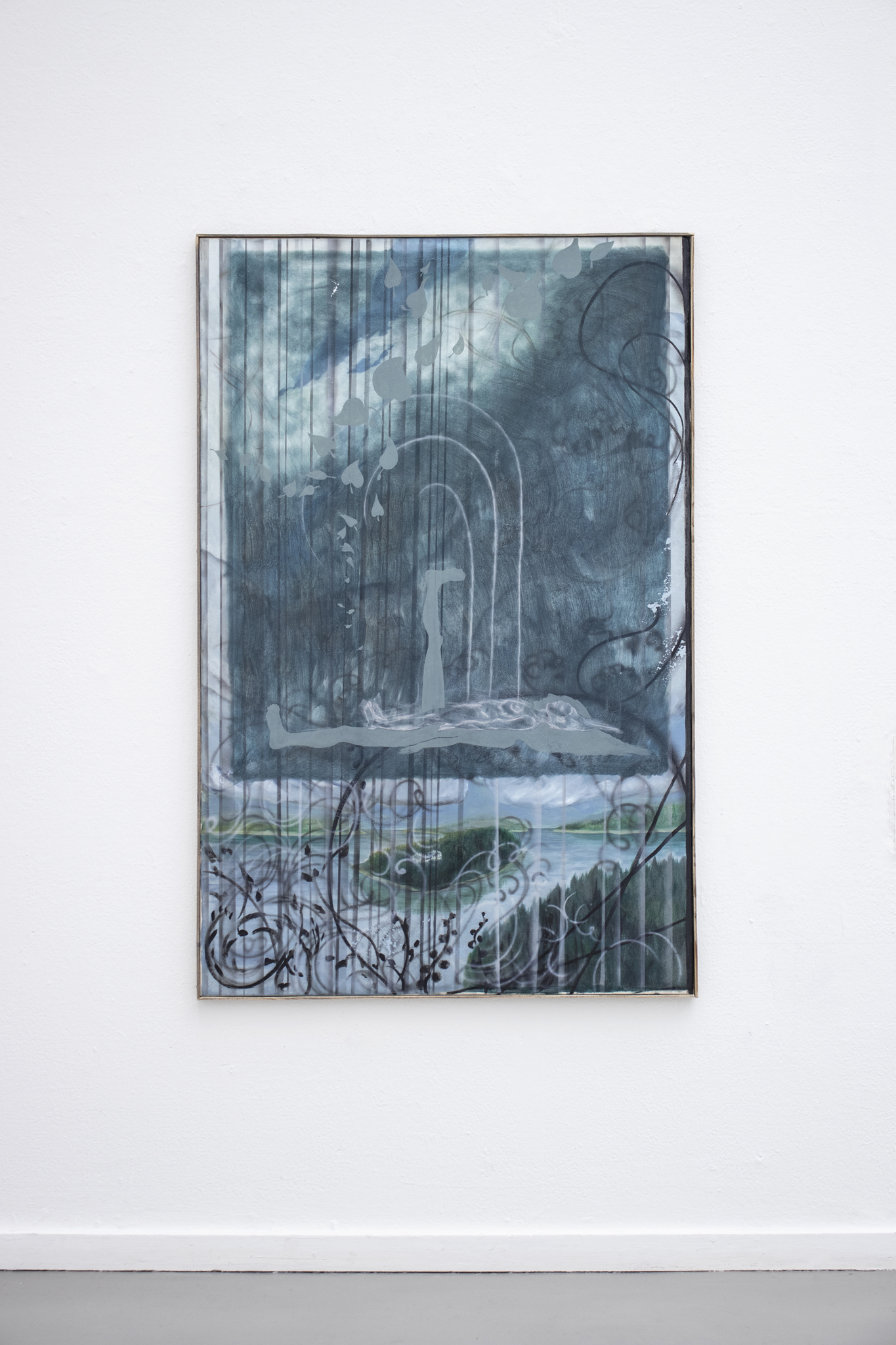 Josefina Anjou / Living feels a lot like dying but probably only after you have done it a couple of times, 2022.  Oil, ink and pastel on canvas, aged wood, 141 × 91 cm