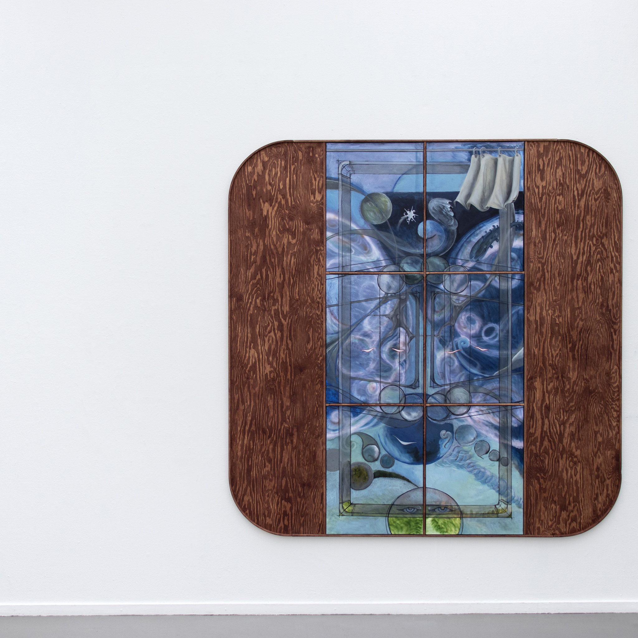 Josefina Anjou / Under the cogwheel tree, above the electric suns, 2023. Oil and ink on canvas, tinted pine, 245 × 245 cm