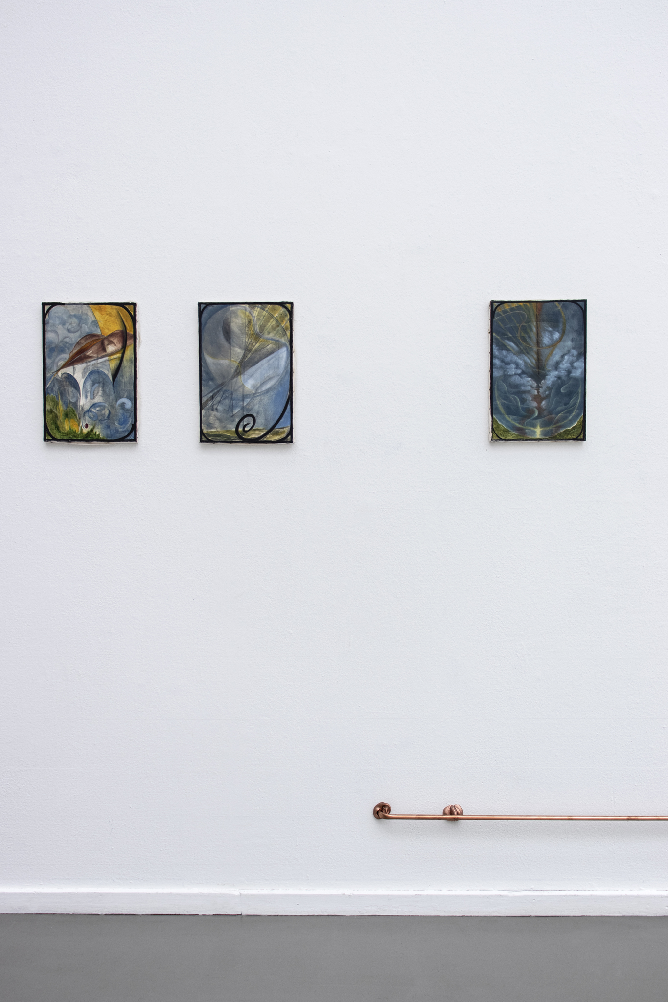 Josefina Anjou / Small window view: Orchid plane, Shy wheel, Angel valley, 2021.  Oil on canvas, iron nails, 28â€‰Ã—â€‰41â€‰cm (Ã—â€‰3)