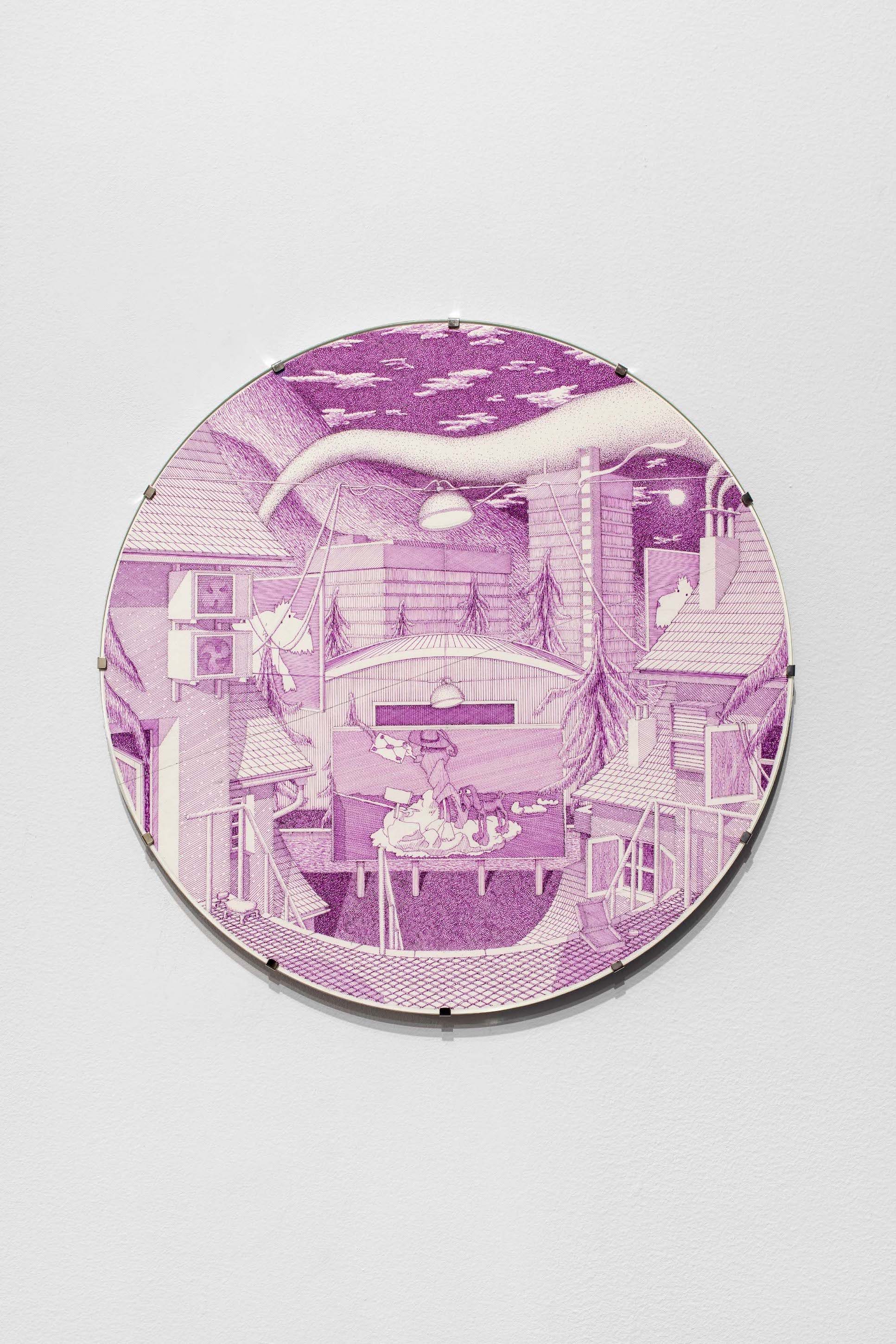 Afternoon 7 (Mysterious Pete & his hound), 2023 Ink on paper in aluminum uv glass clipframe, 30 cm (diameter) Courtesy of the artist and CrÃ¨vecÅ“ur, Paris. Photo: Martin Argyroglo