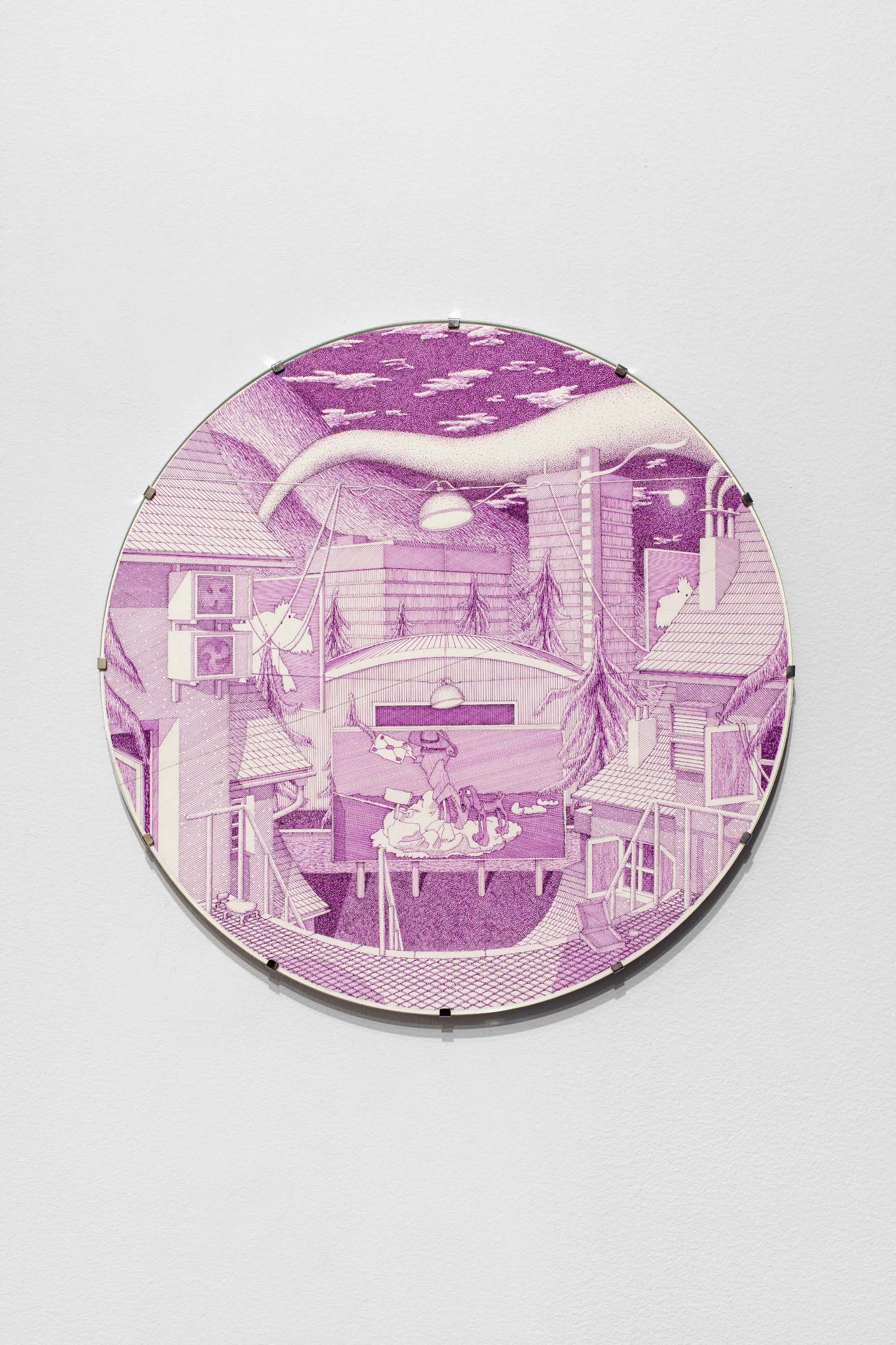 Afternoon 7 (Mysterious Pete & his hound), 2023 Ink on paper in aluminum uv glass clipframe, 30 cm (diameter) Courtesy of the artist and Crèvecœur, Paris. Photo: Martin Argyroglo