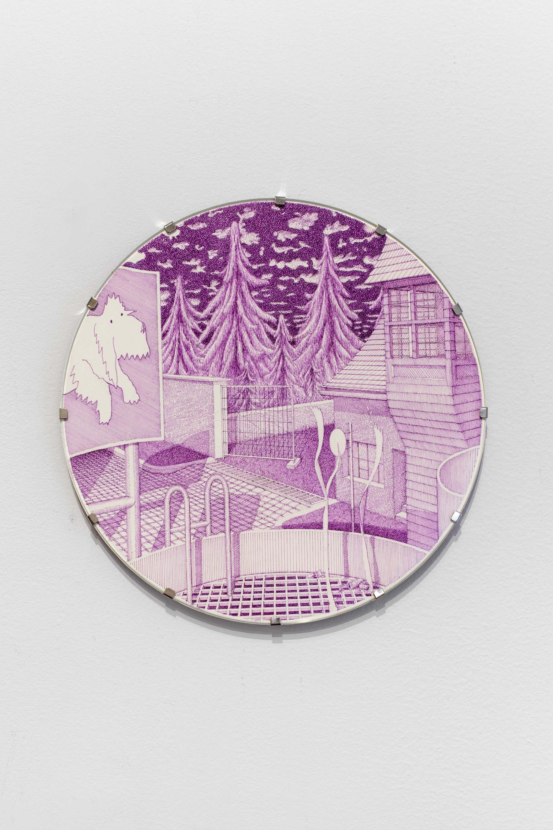 Afternoon 6, 2023 Ink on paper in aluminum uv glass clipframe, 20 cm (diameter) Courtesy of the artist and Crèvecœur, Paris. Photo: Martin Argyroglo