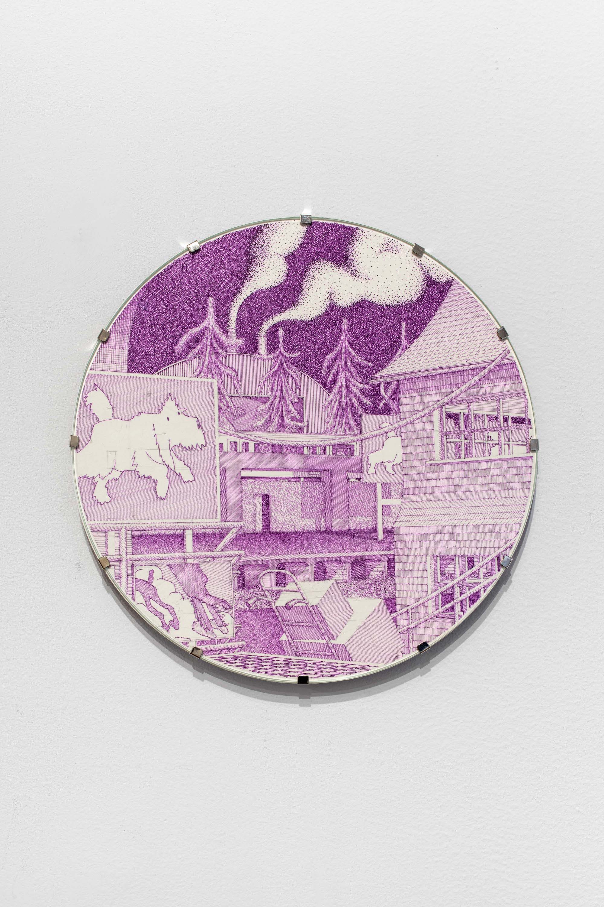 Afternoon 5, 2023 Ink on paper in aluminum uv glass clipframe, 20 cm (diameter) Courtesy of the artist and Crèvecœur, Paris. Photo: Martin Argyroglo