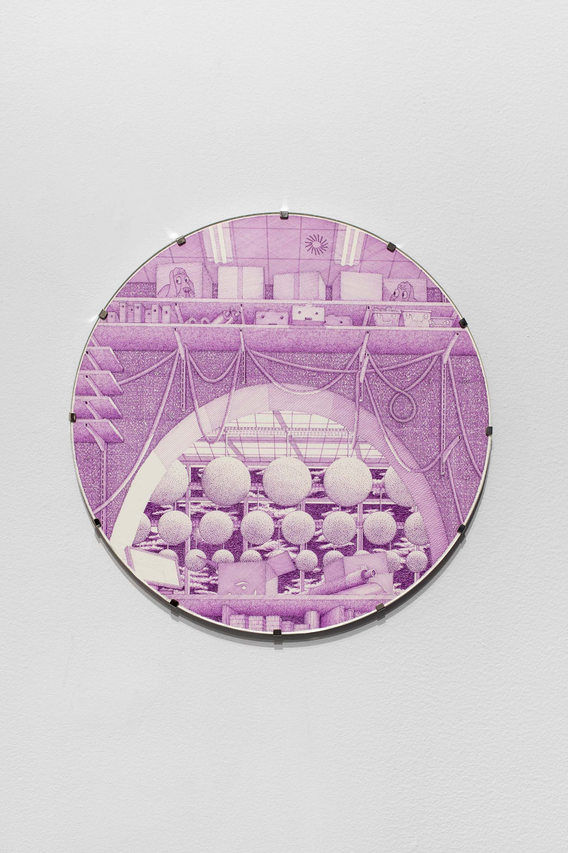Untitled (Boxes 2), 2023 Ink on paper in aluminum uv glass clipframe, 25 cm (diameter) Courtesy of the artist and Crèvecœur, Paris. Photo: Martin Argyroglo
