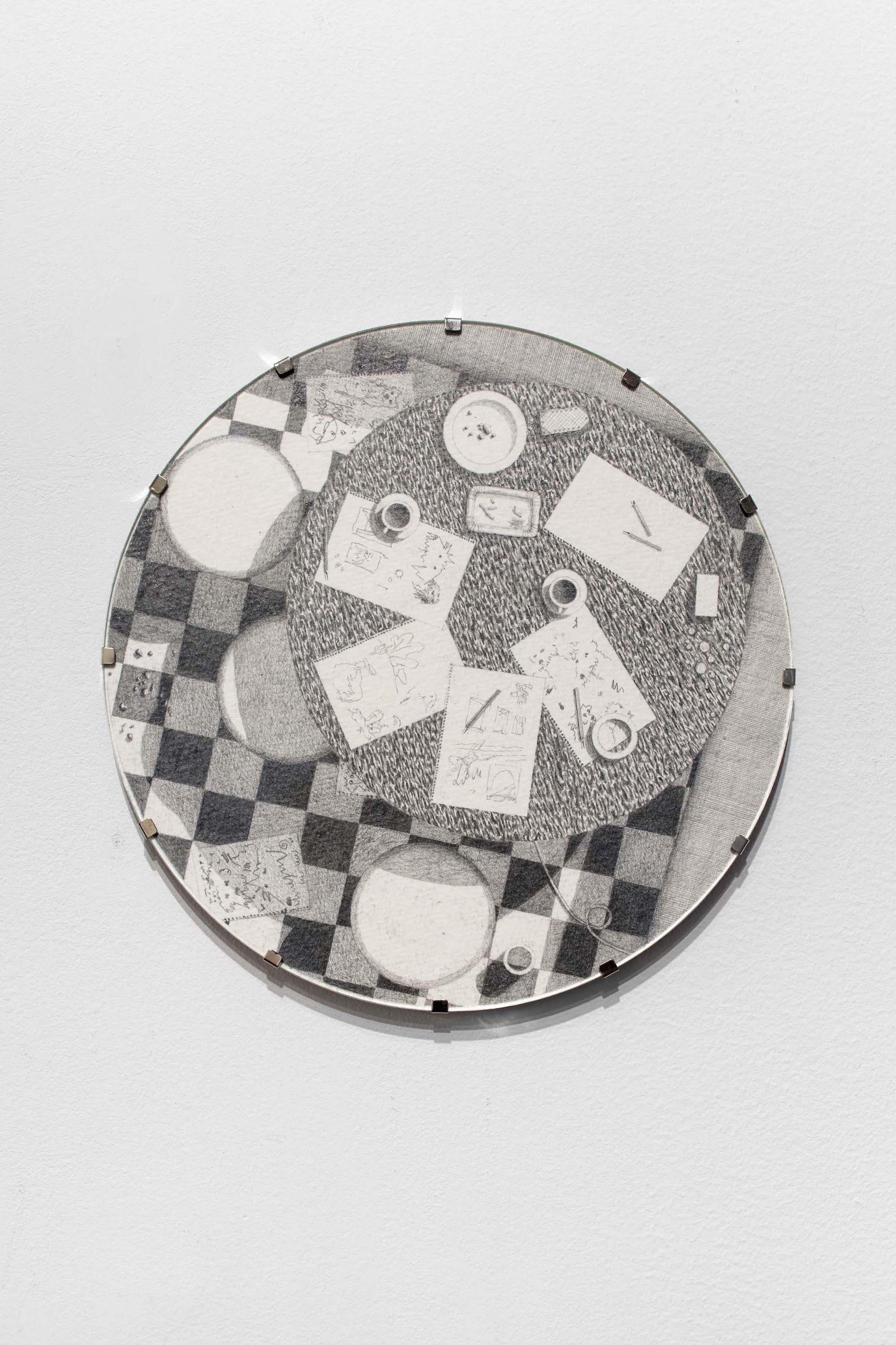 Character Notes 2, 2023 Pencil on paper in aluminum uv glass clipframe, 20 cm (diameter) Courtesy of the artist and Crèvecœur, Paris. Photo: Martin Argyroglo