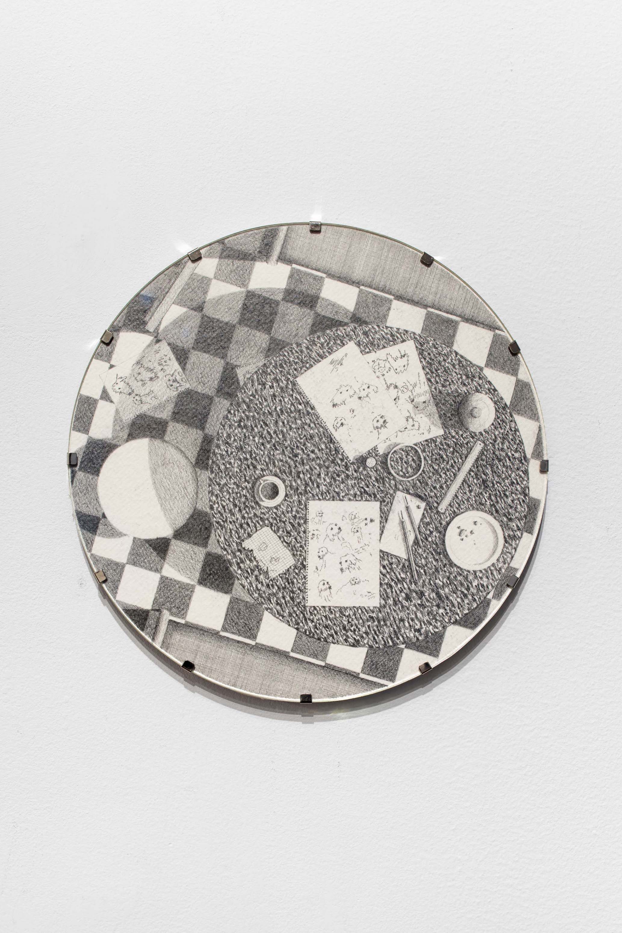 Character Notes 1, 2023 Pencil on paper in aluminum uv glass clipframe, 20 cm (diameter) Courtesy of the artist and Crèvecœur, Paris. Photo: Martin Argyroglo