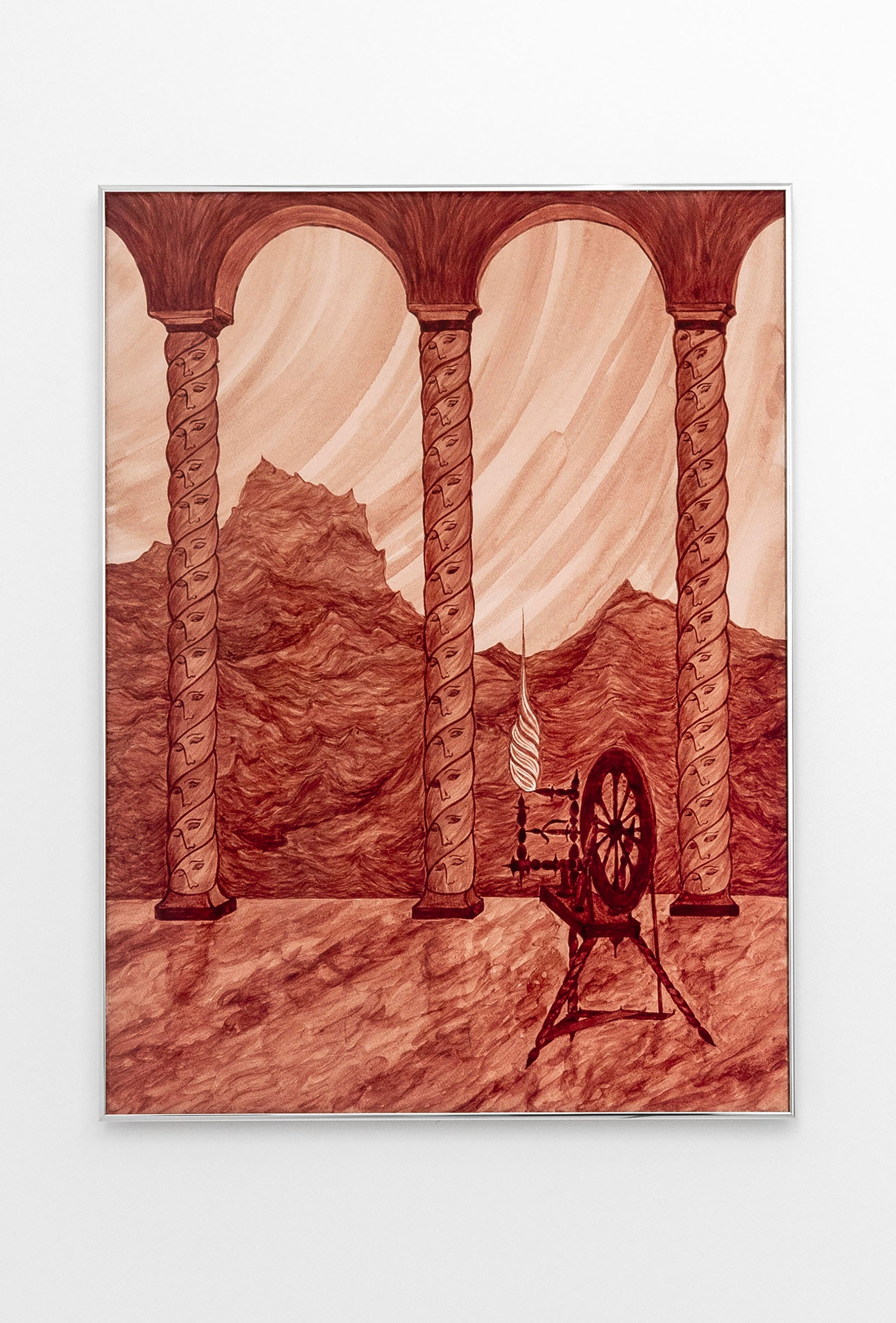 Alison Flora, "Le filage des montagnes", 2022, Human blood on paper, 76 × 56 cm. Bright aluminium frame. Photo credit Romain Darnaud