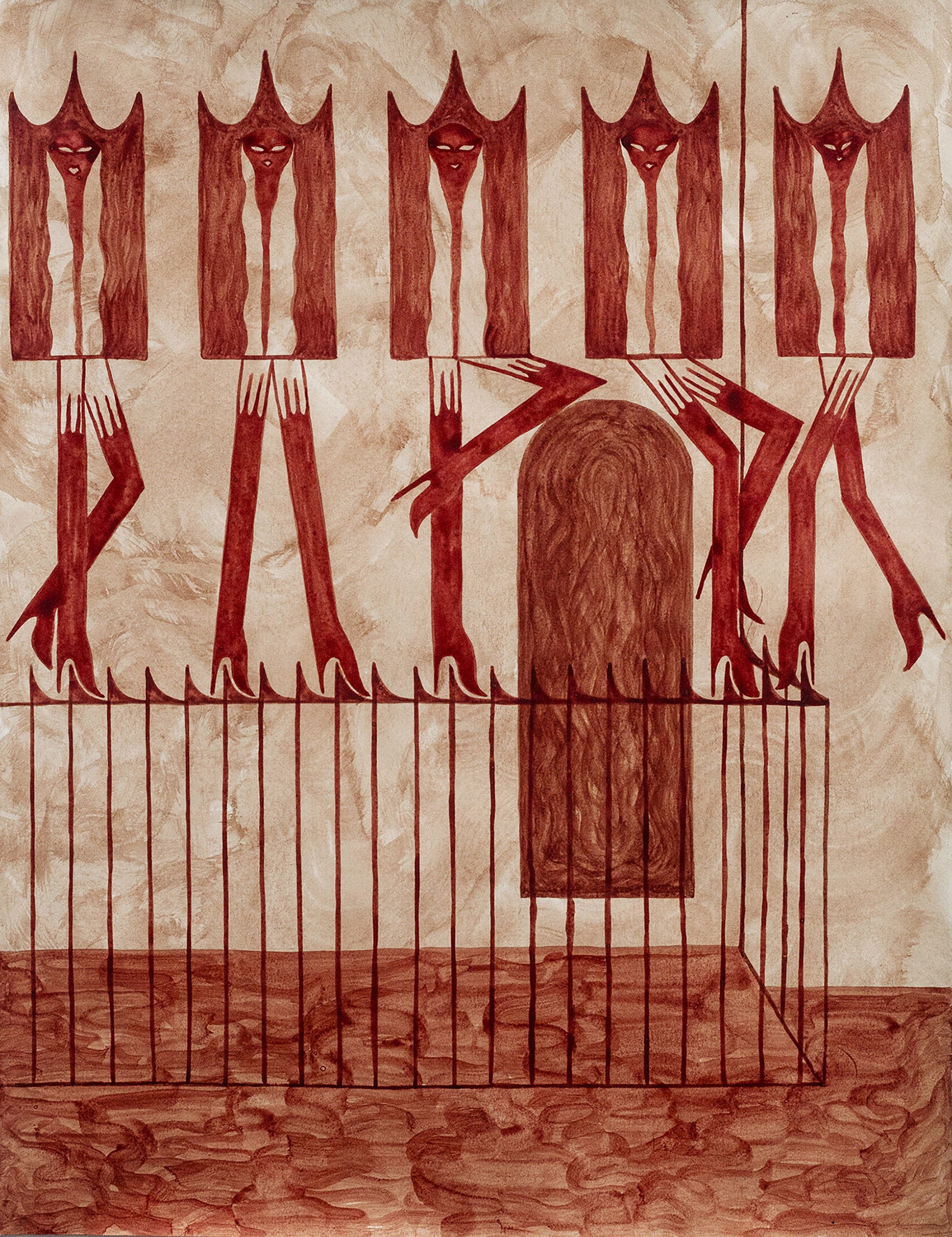 Alison Flora, "Les filles du club", 2022, Human blood on paper, 65 × 50 cm. Lead bordered frame. Photo credit Romain Darnaud