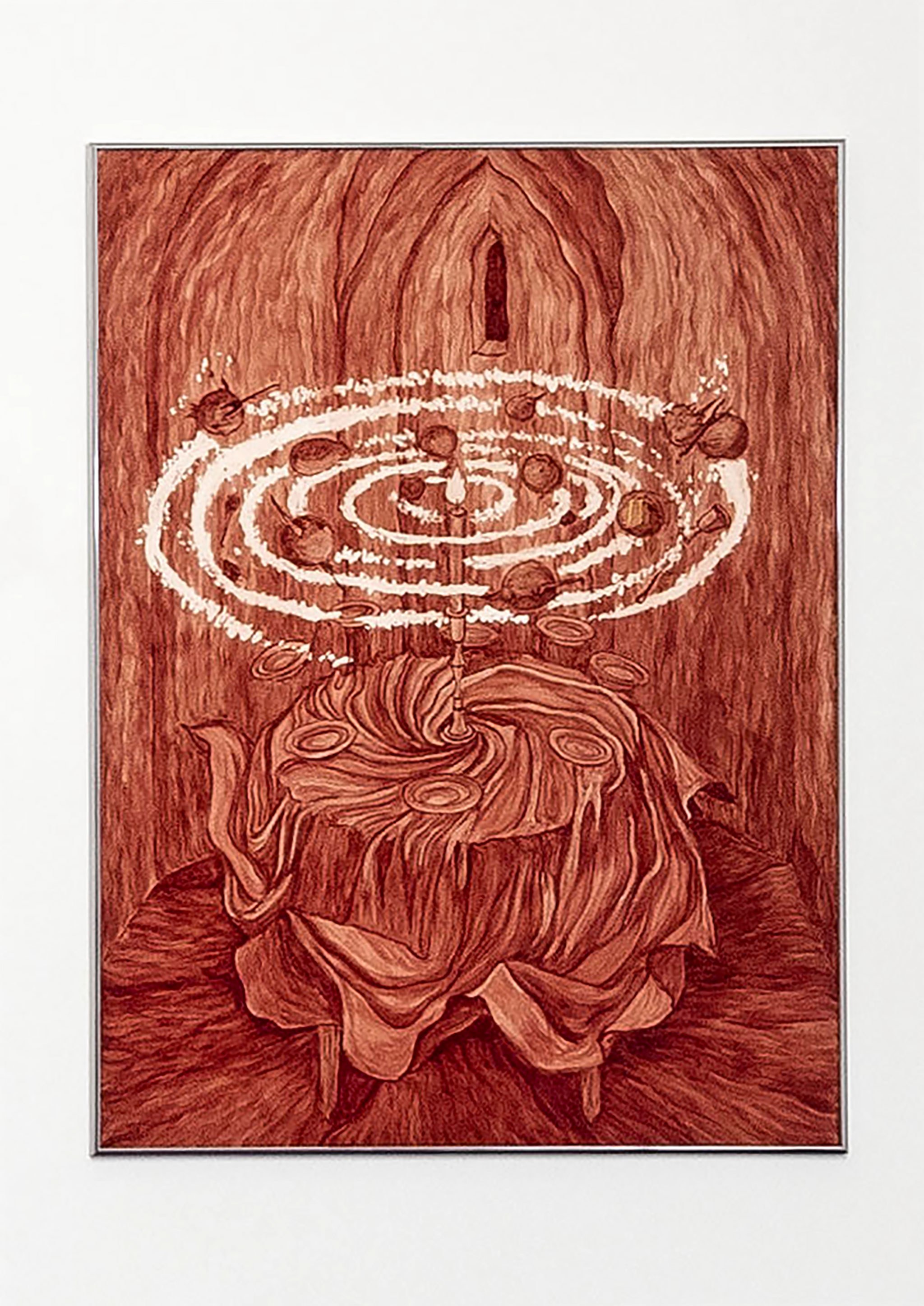 Alison Flora, “Dîner ressuscité”, 2022, Human blood on paper, 76 × 56 cm. Bright aluminium frame. Photo credit Romain Darnaud