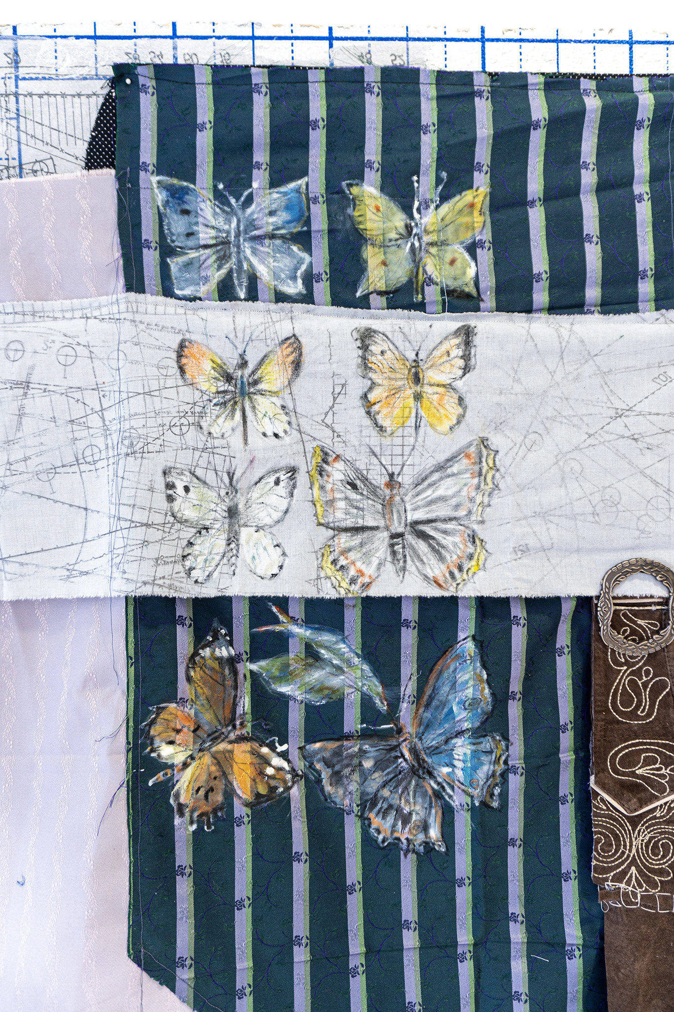 Detail: Nanna Kaiser, The idea of permanence, found material, traditional textile, Lederhose, oil color, 2023   collaborators: Irmtraud Maier, Ulrike Prieler-Kaiser