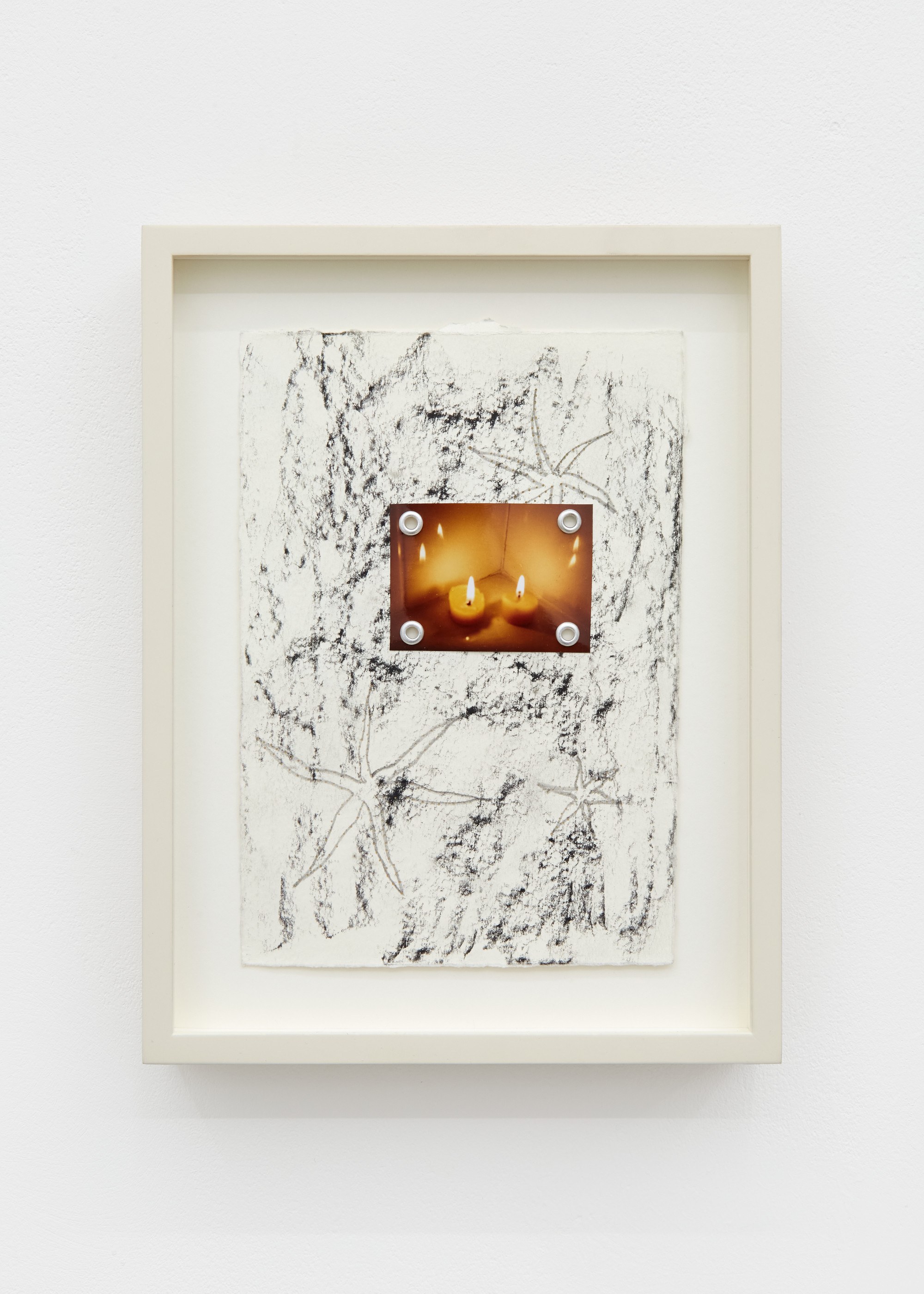   Garrett Lockhart, Bath, 2023. hand-cropped inkjet print, construction pencil, lumber crayon and perforations on cardstock, metal eyelets, custom ash frame, 26.5 x 22.2 cm