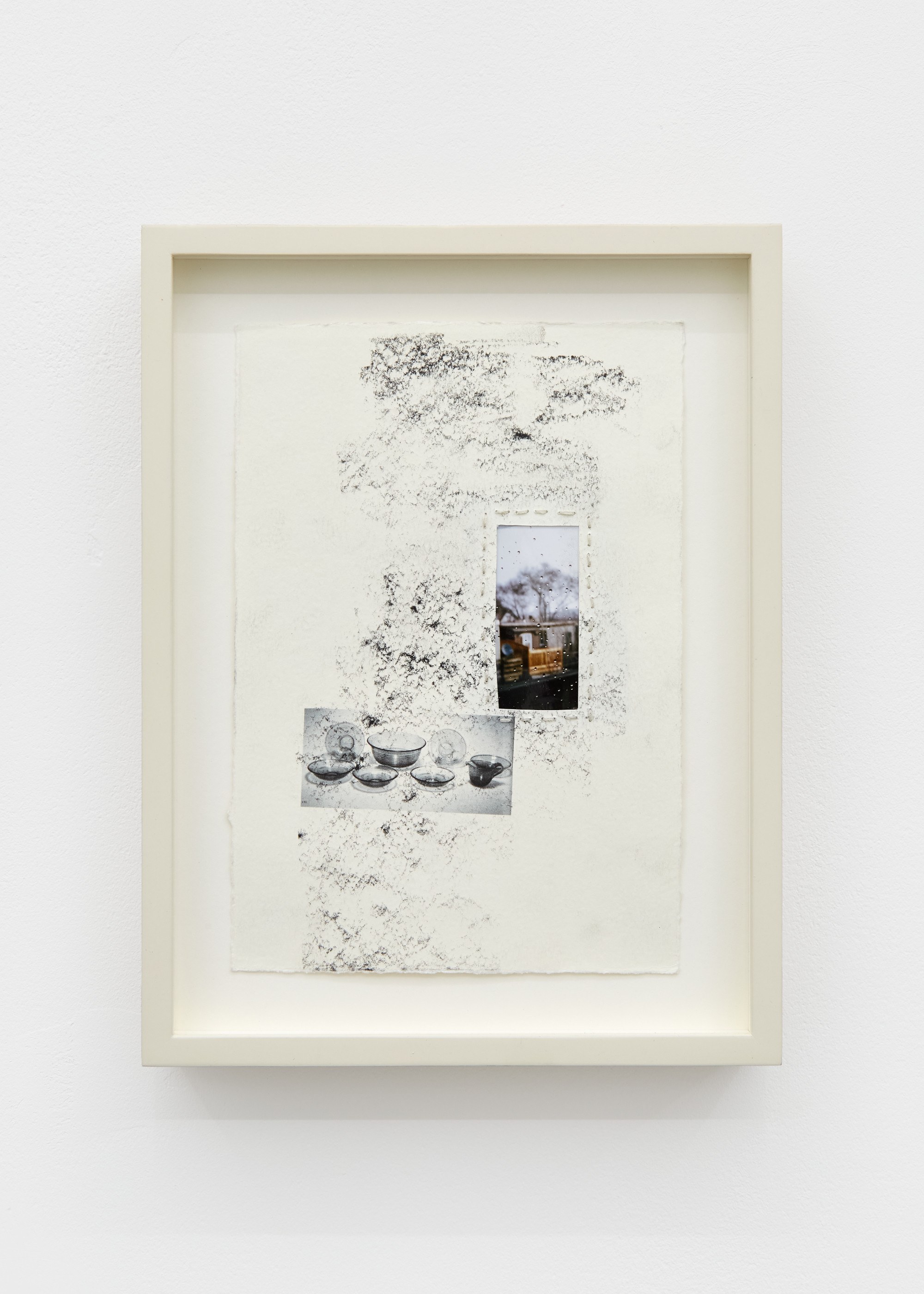   Garrett Lockhart, Kitchen-1936, 2023. hand-cropped inkjet print, construction pencil, lumber crayon, inkjet print on cardstock, thread, custom ash frame, 26.5 x 22.2 cm