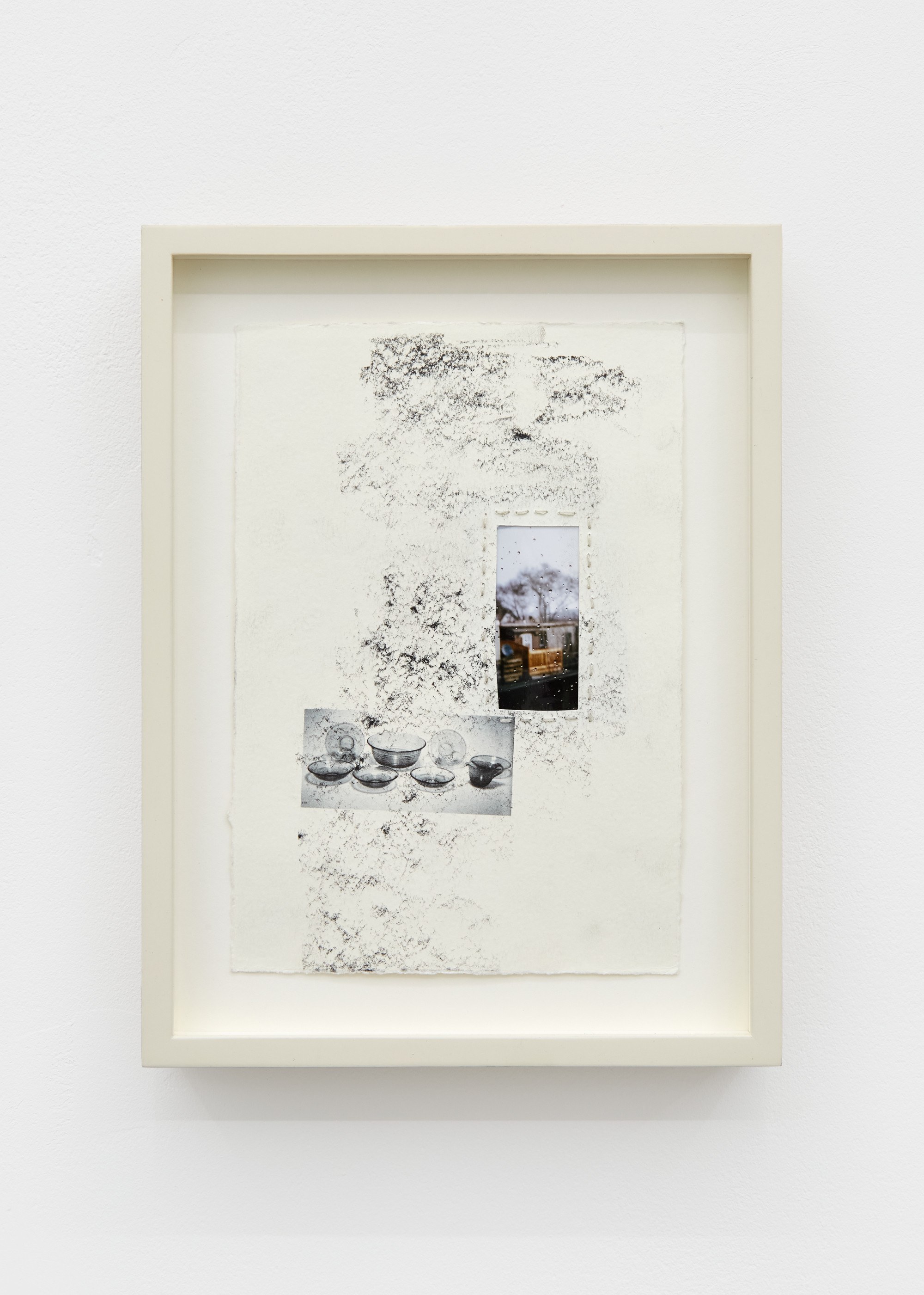 Garrett Lockhart, Kitchen-1936, 2023. hand-cropped inkjet print, construction pencil, lumber crayon, inkjet print on cardstock, thread, custom ash frame, 26.5 x 22.2 cm
