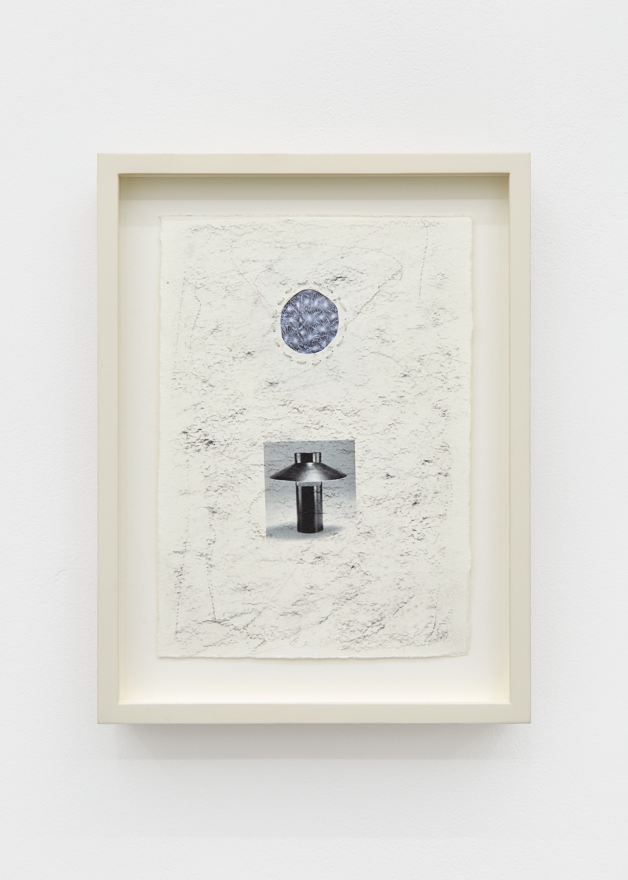   Garrett Lockhart, Den-1968, 2023. Hand-cropped inkjet print, construction pencil, lumber crayon, inkjet print on cardstock, thread, custom ash frame, 26.5 x 22.2 cm