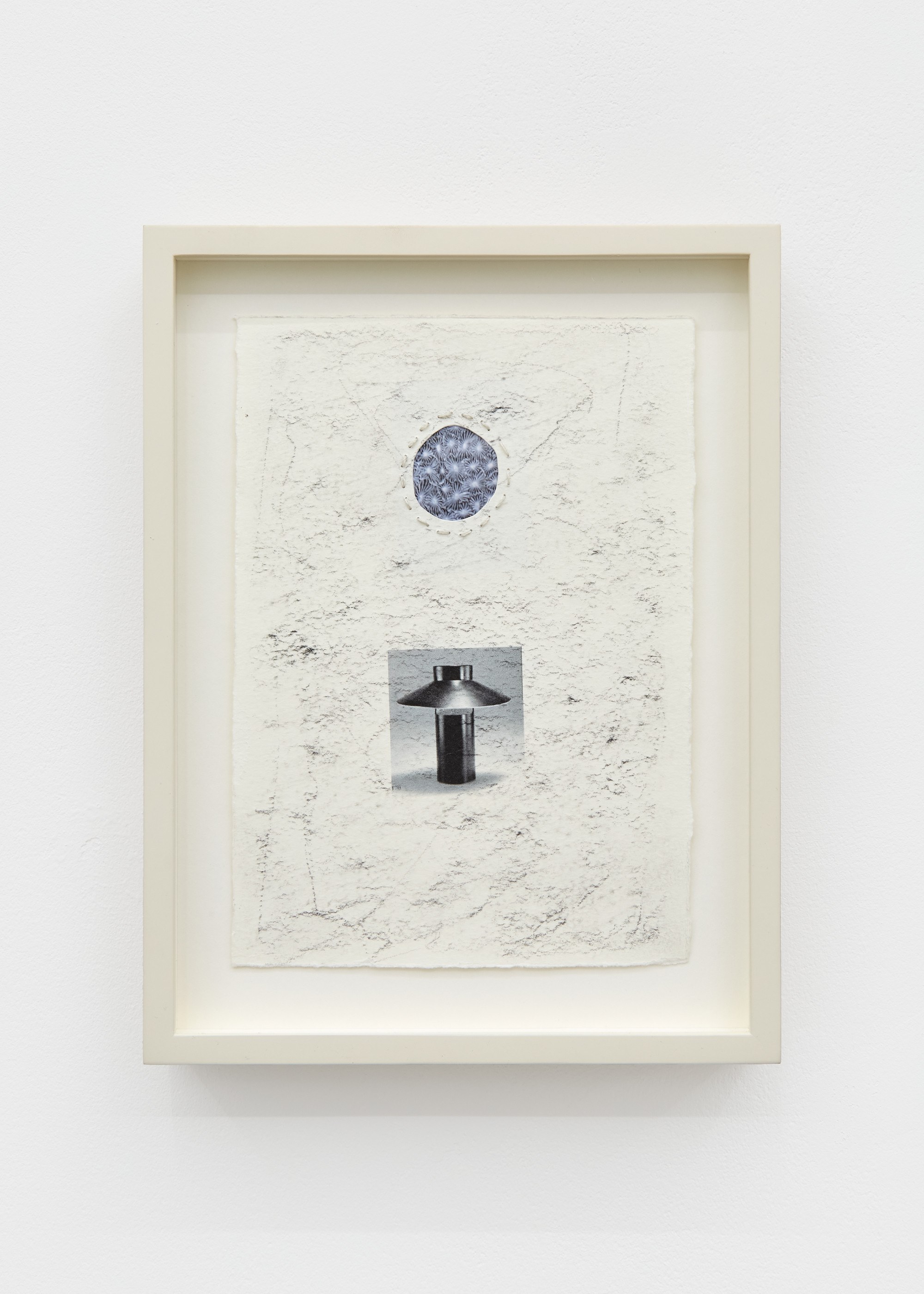 Garrett Lockhart, Den-1968, 2023. Hand-cropped inkjet print, construction pencil, lumber crayon, inkjet print on cardstock, thread, custom ash frame, 26.5 x 22.2 cm