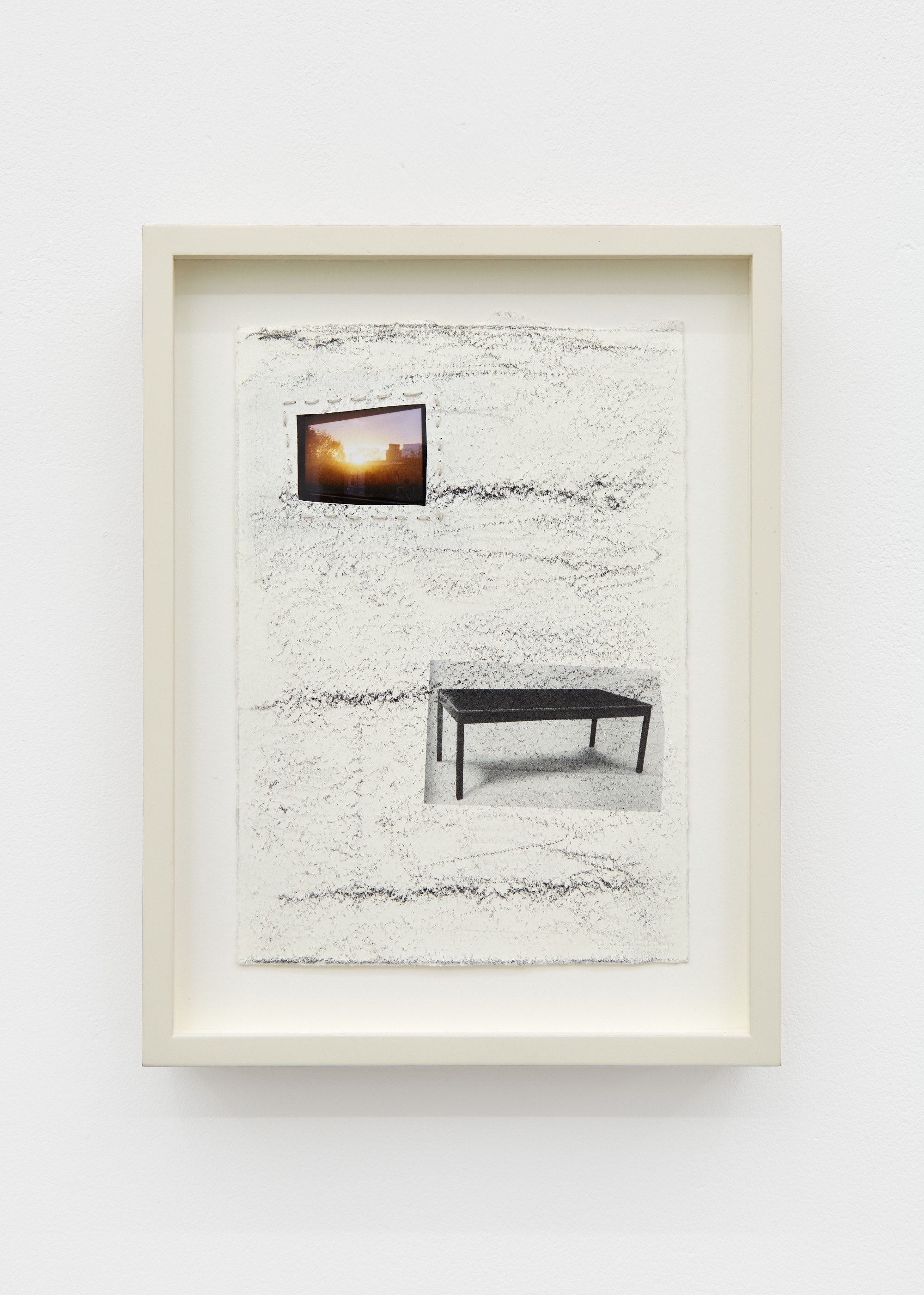 Garrett Lockhart, Kitchen-1955, 2023. hand-cropped inkjet print, construction pencil, lumber crayon, inkjet print on cardstock, thread, custom ash frame, 26.5 x 22.2 cm