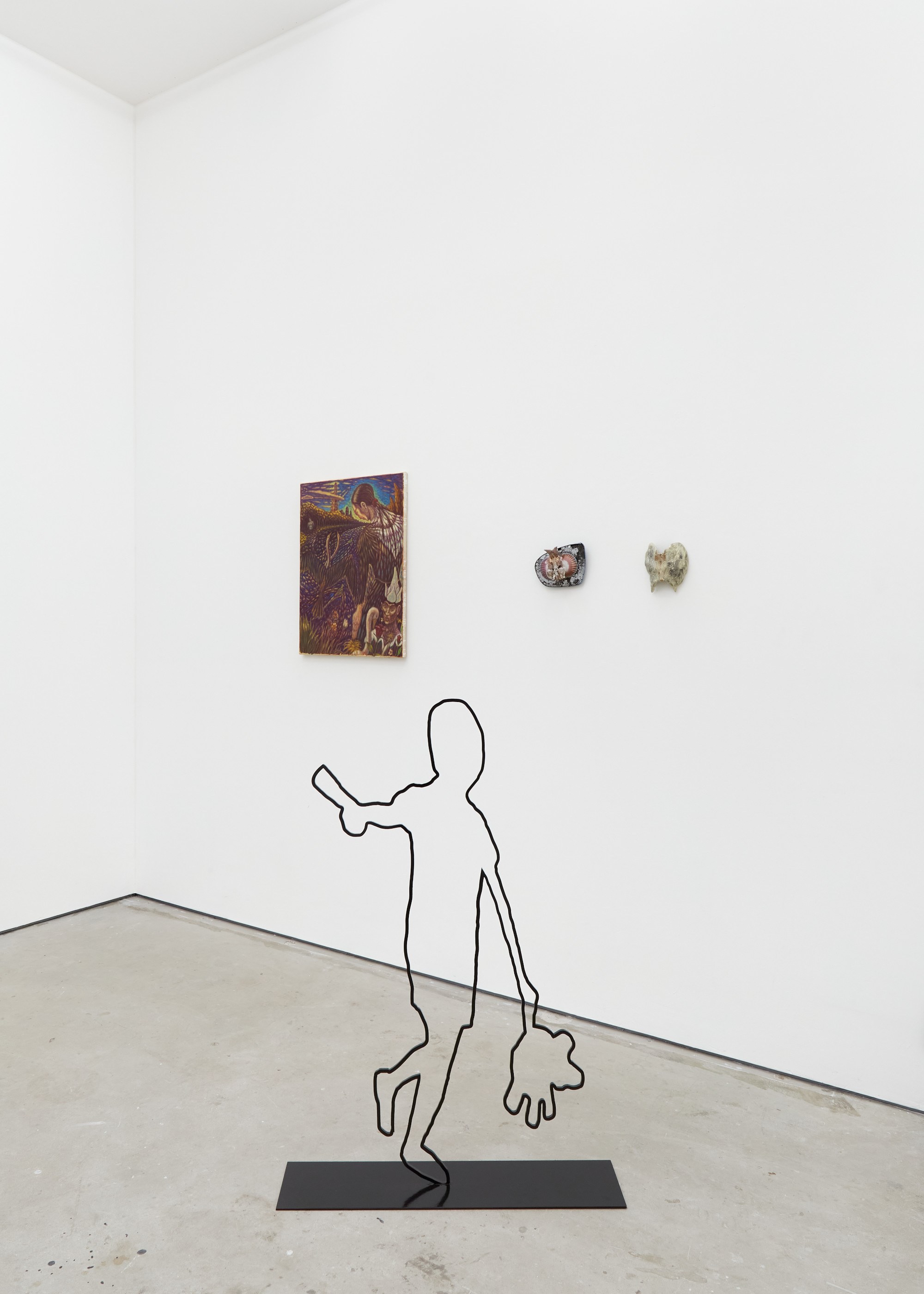 Georgina Hill, Boy at airport, 2023. Powder coated mild steel, 109 (H) x 76 (W) x 17.5 (D) cm