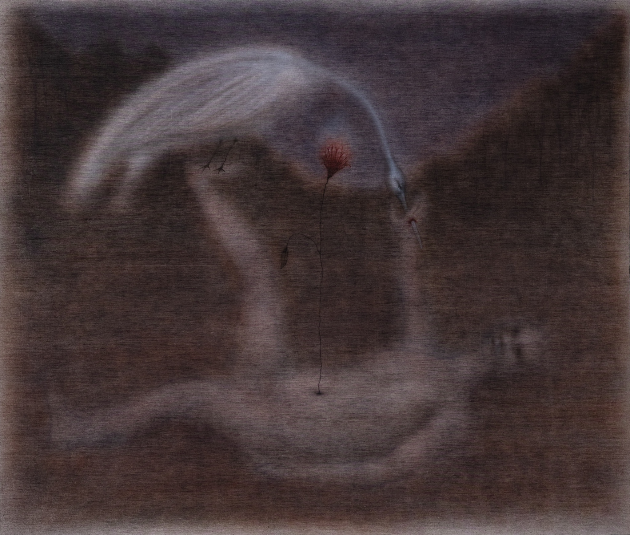 Jędrzej Bieńko, „Bird with a Human", 2023, acrylic on linen canvas, 170 x 200 cm, courtesy of the artist and Pola Magnetyczne Gallery, phot. B. Górka