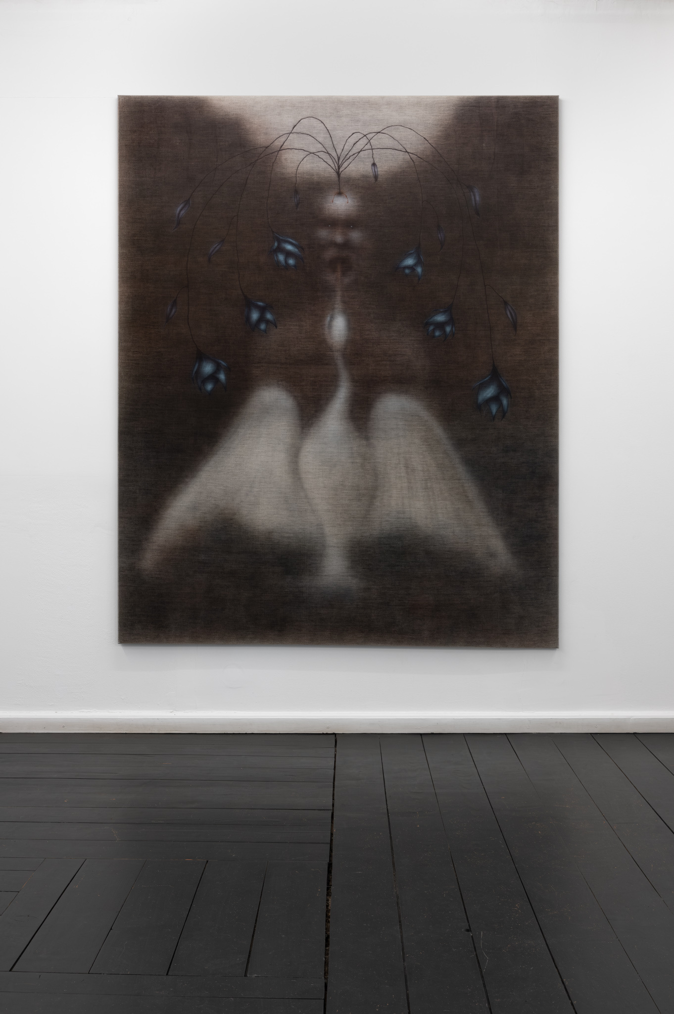 Jędrzej Bieńko, „Bird, Human and Bouquet of Flowers", 2023, acrylic on linen canvas, 200 x 160 cm, courtesy of the artist and Pola Magnetyczne Gallery, phot. B. Górka