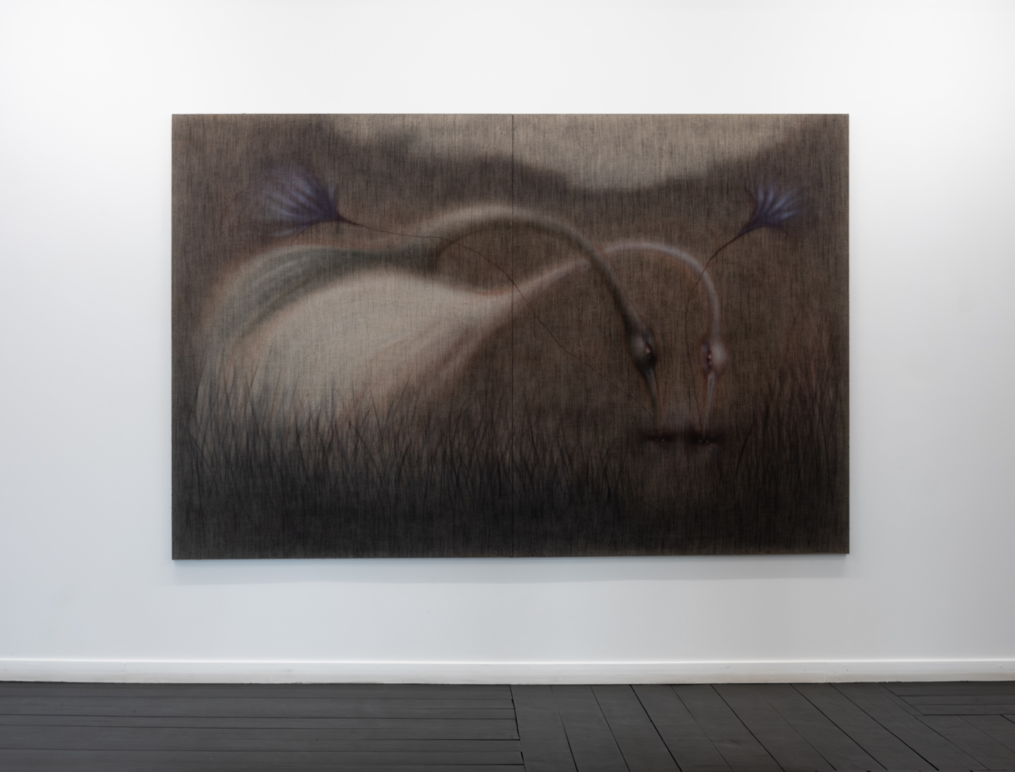 Jędrzej Bieńko, „Two Birds and Eyes" (diptych), 2023, acrylic on linen canvas, 170 x 260 cm, courtesy of the artist and Pola Magnetyczne Gallery, phot. B. Górka