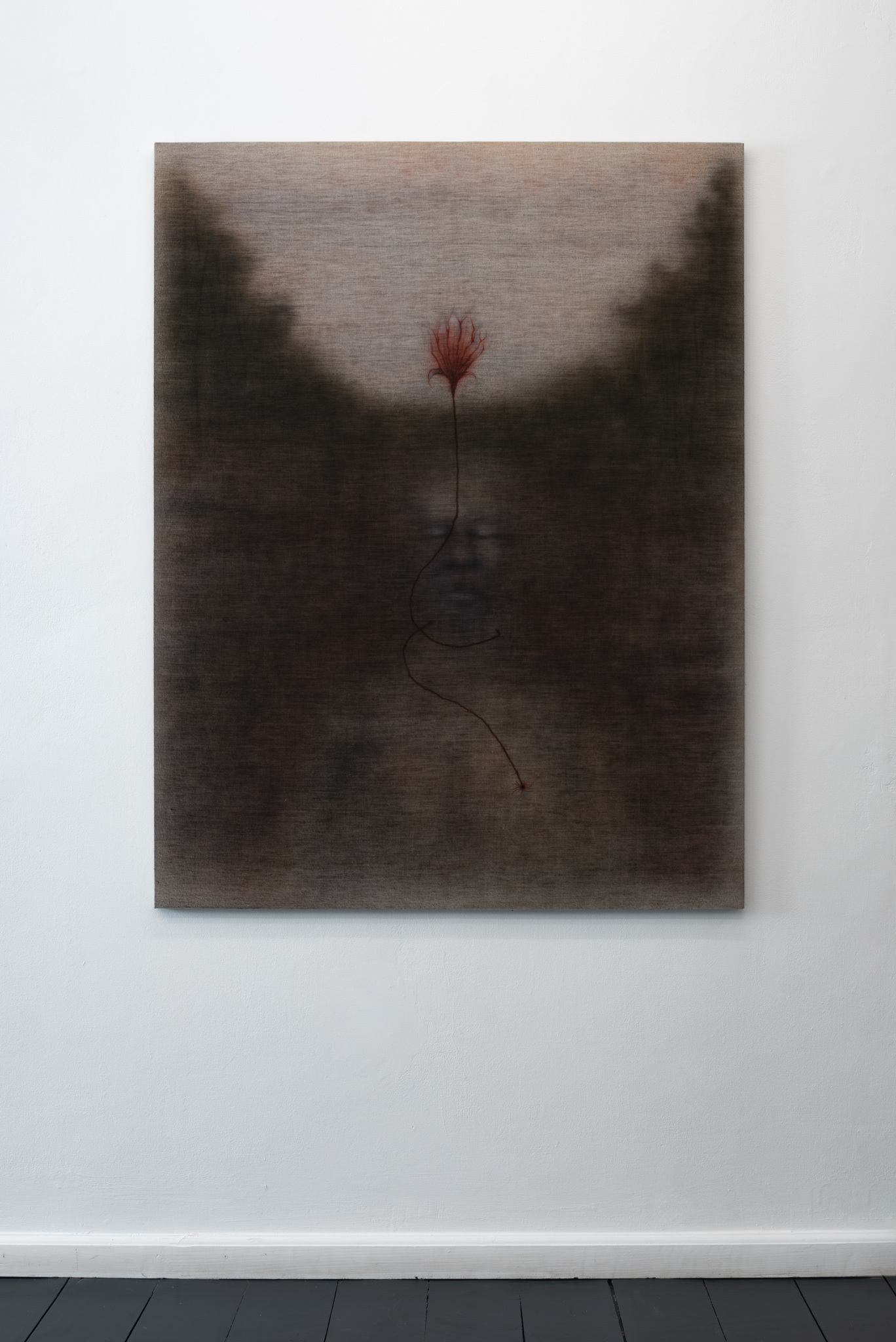 Jędrzej Bieńko, „Portrait with a Flower", 2023, acrylic on linen canvas, 130 x 100 cm, courtesy of the artist and Pola Magnetyczne Gallery, phot. B. Górka