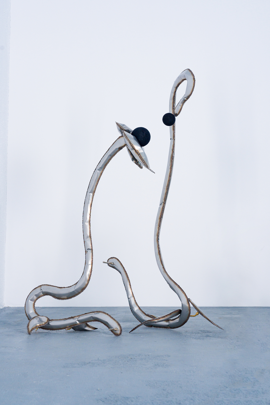 Ovidiu Toader Critic #5 & #3 (diptych), 2023 Stainless steel & textile paint 87 x 83 x 38 cm | 55 x 38 x 27 cm