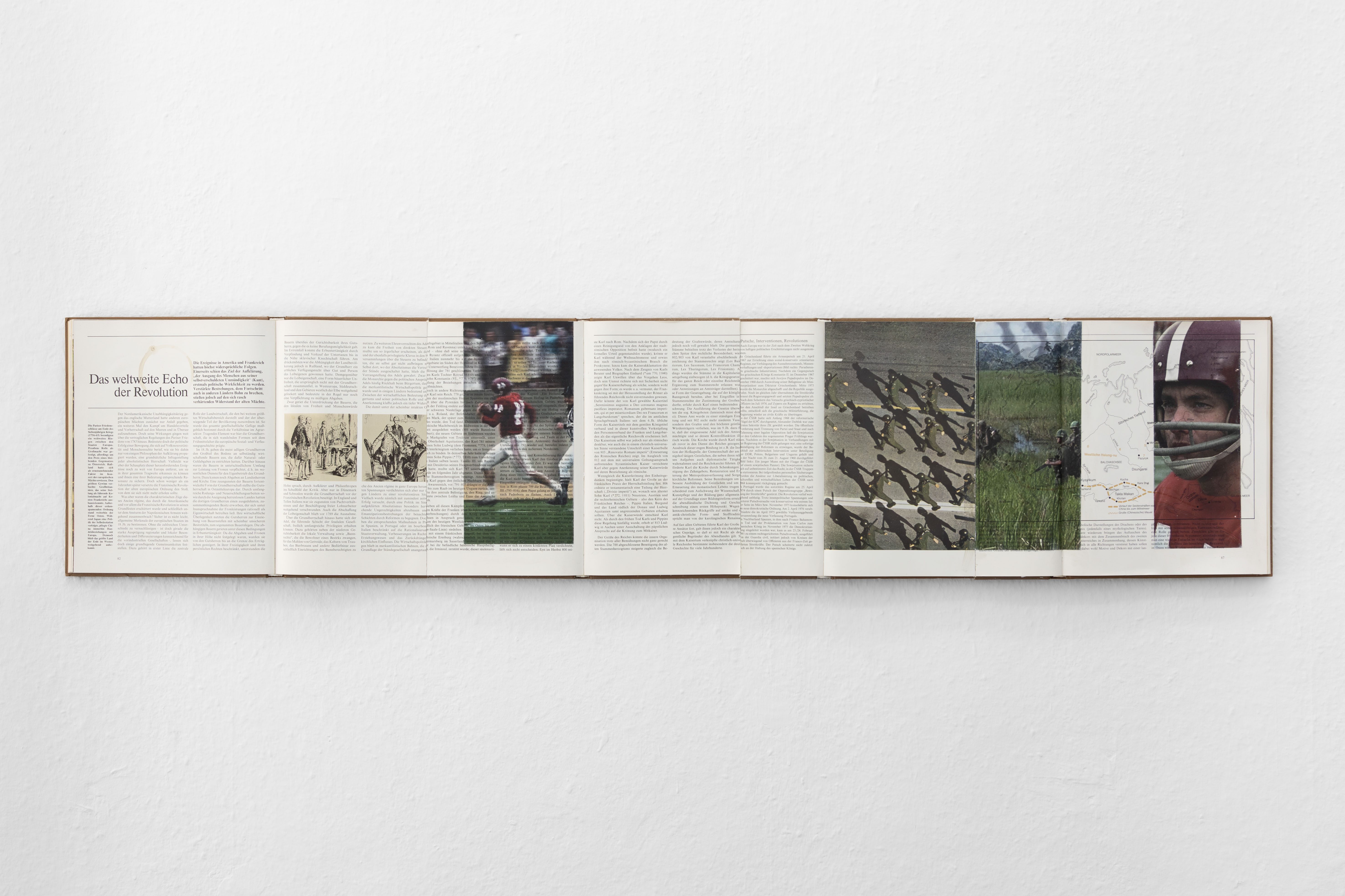 Dan Vogt, Das weltweite Echo der Revolution, 2023, Coffee, acrylic, toner on books, 127cm x 27cm x 3cm