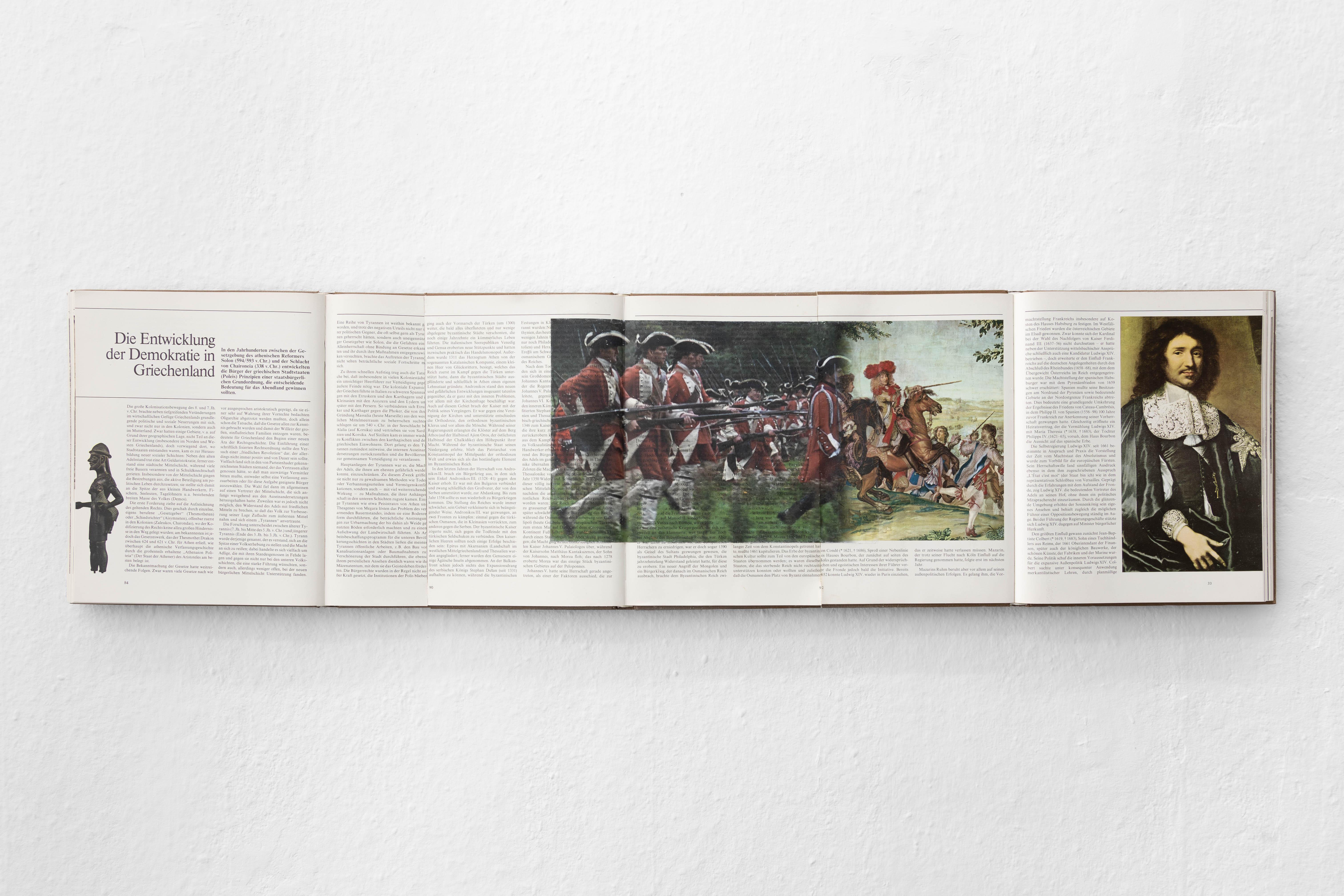 Dan Vogt, Die Entwicklung der Demokratie in Griechenland, 2023, Acrylic, toner on books, 104cm x 27cm x 3cm