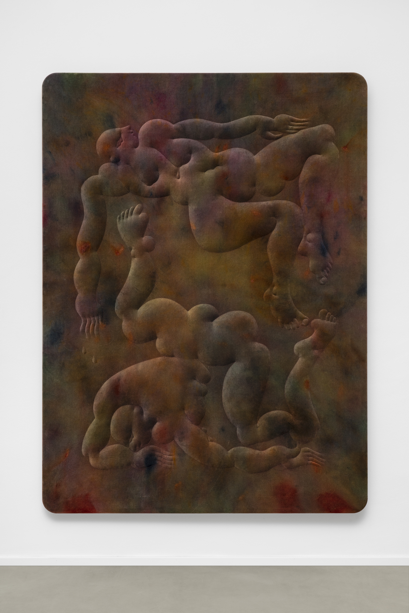 Eliška Konečná, Dry Place to Fall, 2023, embroidery, dyed velvet, wood, 180 x 130 cm 