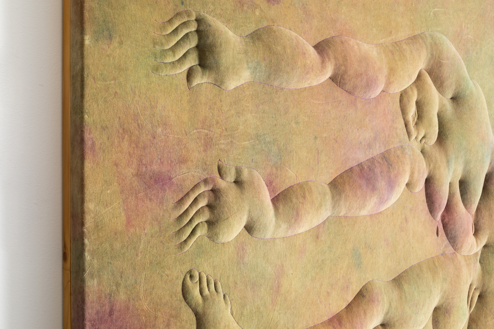 Eliška Konečná, Looking for a Dry Place to Fall, 2023, detail, embroidery, dyed velvet, wood, 180 x 130 cm 