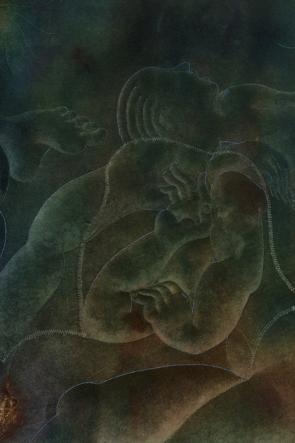 Eliška Konečná, Great Sleep, 2023, detail, embroidery, dyed velvet, wood, 200 x 300 cm