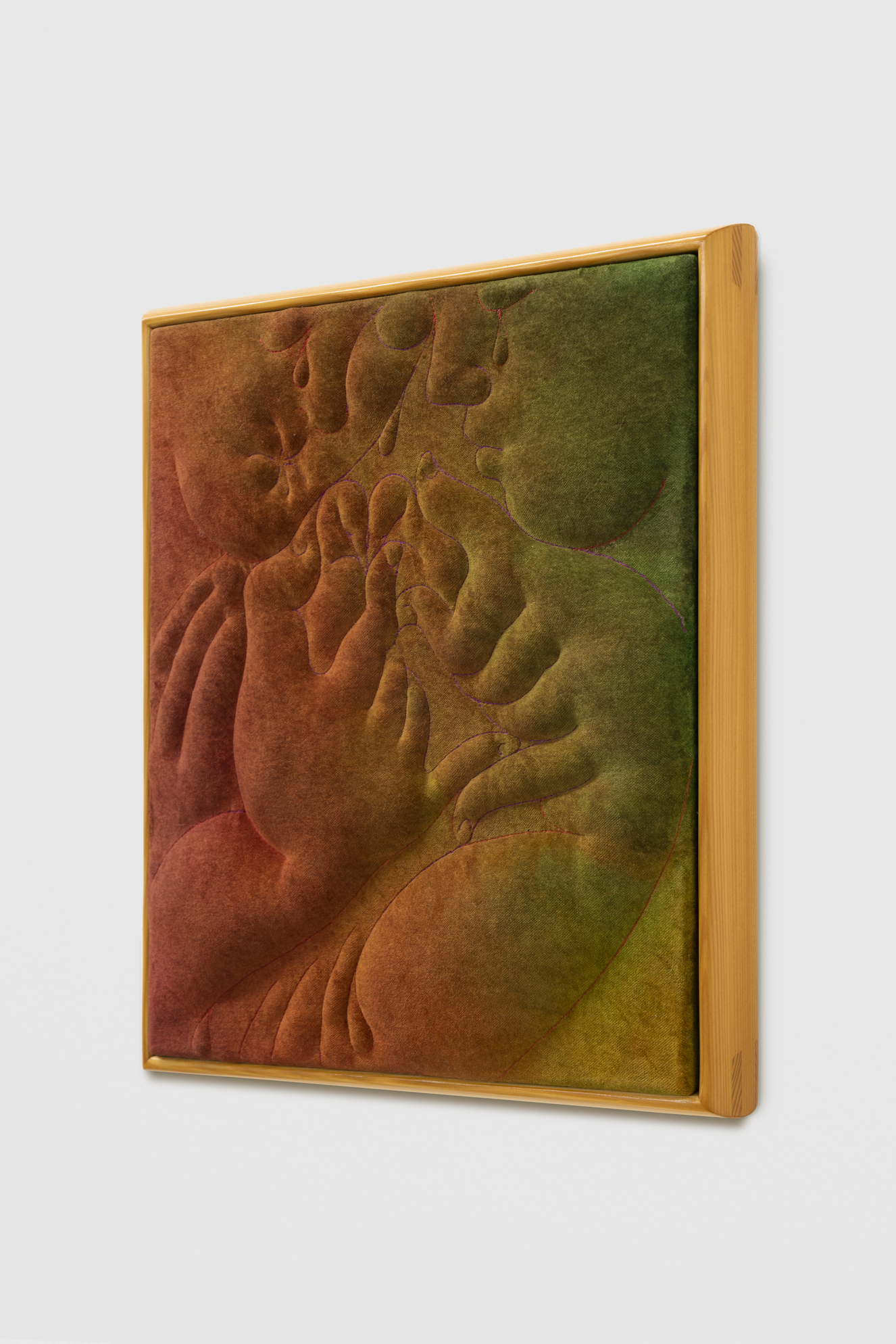 Eliška Konečná, When we were children we believed that cups came from cuddling, 2023, embroidery, dyed velvet, wood, 37 x 32 cm