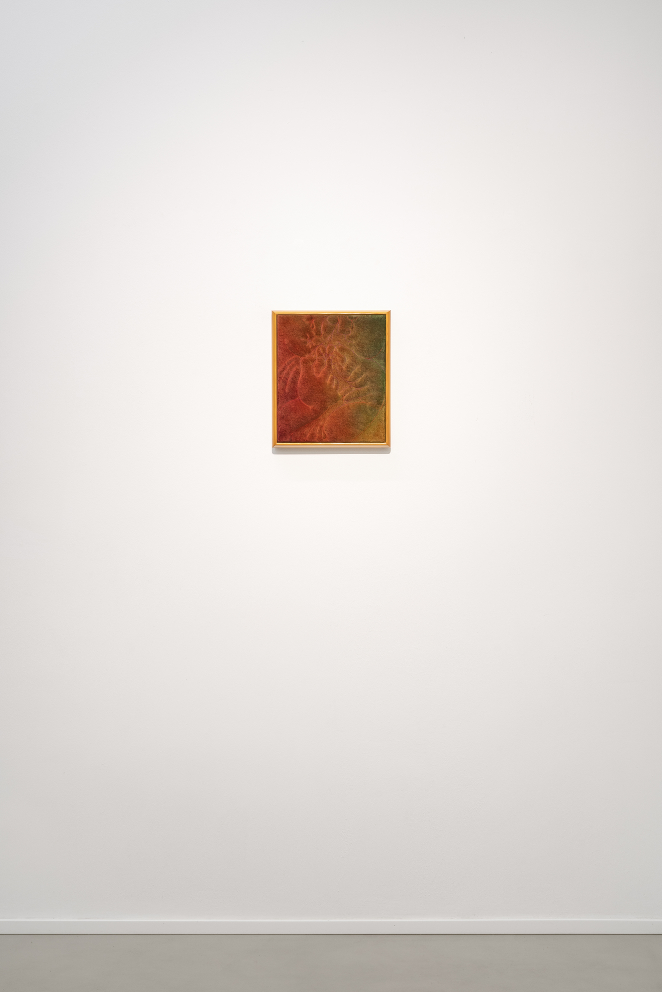 Eliška Konečná, When we were children we believed that cups came from cuddling, 2023, embroidery, dyed velvet, wood, 37 x 32 cm