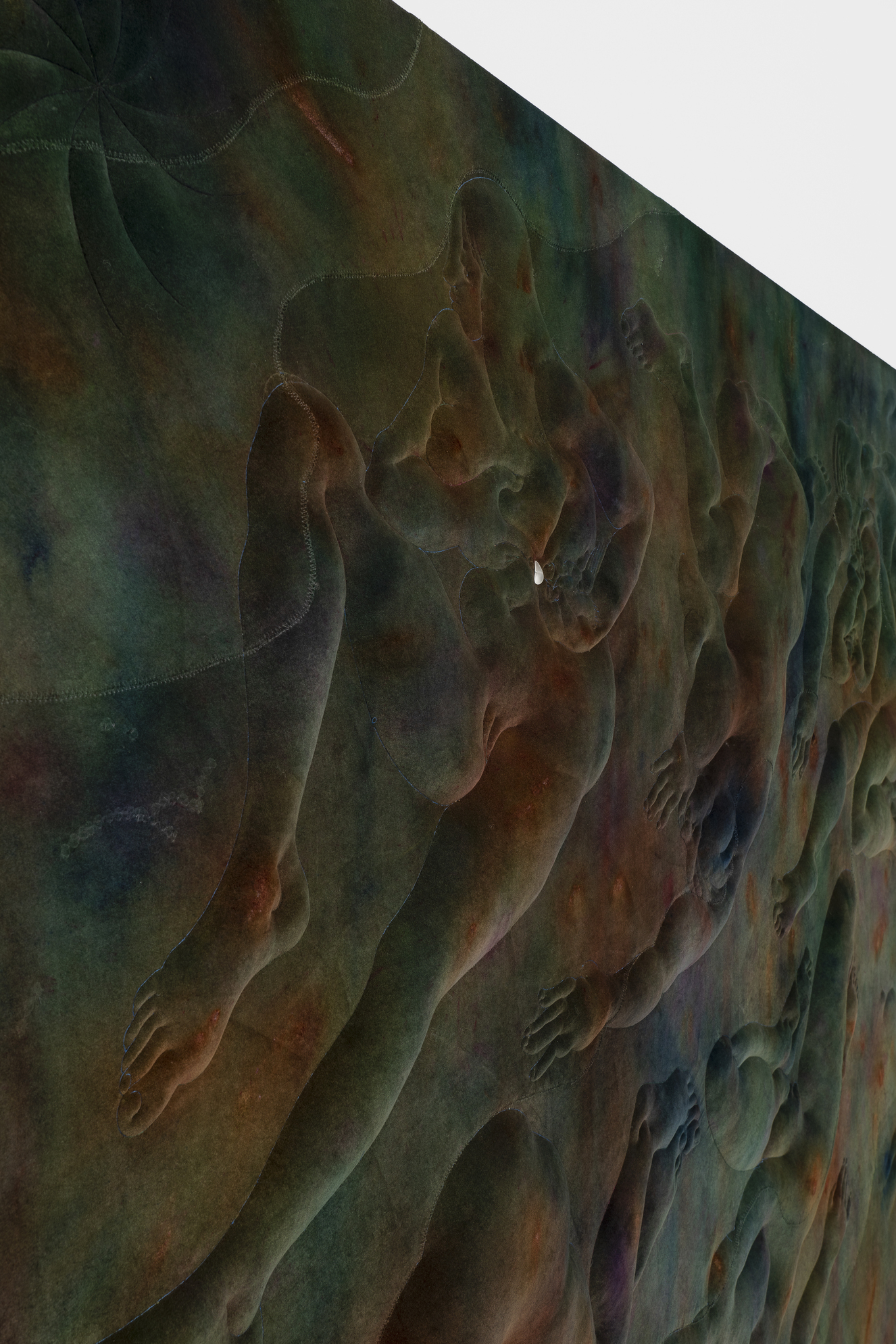 Eliška Konečná, Great Sleep, 2023, detail, embroidery, dyed velvet, wood, 200 x 300 cm