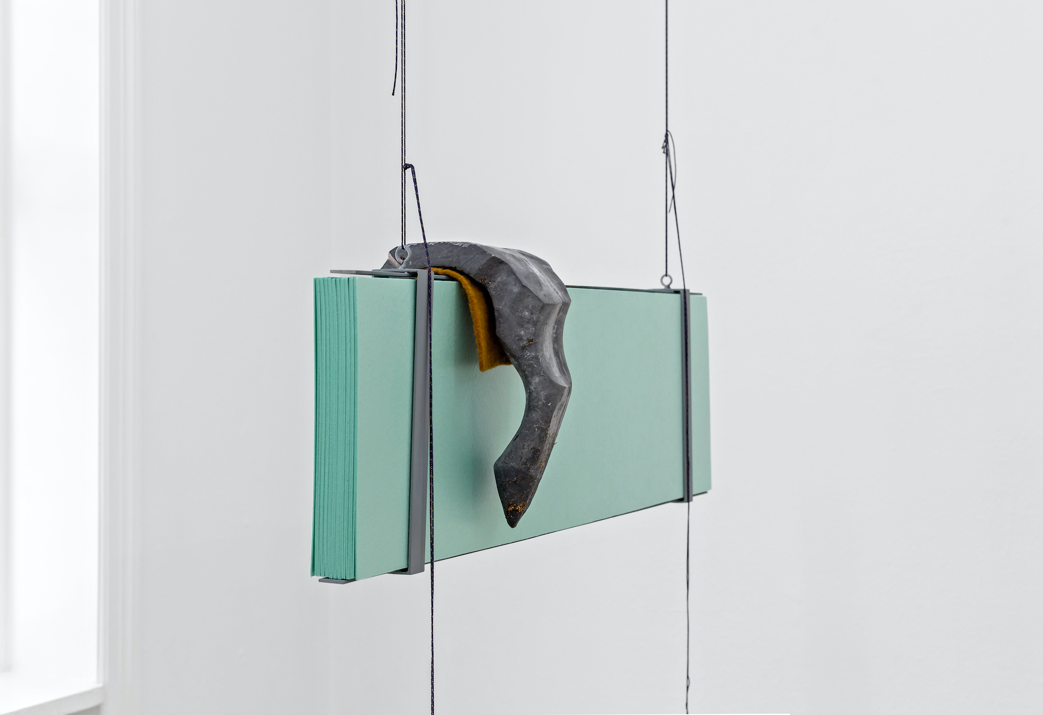 Therese Bülow, "Drypper, Sveder, Bader", 2022. Isolation foam, rope, soap, wool dyed with dyers chamomile, steel frame, 40.0 x 100.0 x 7.0 cm